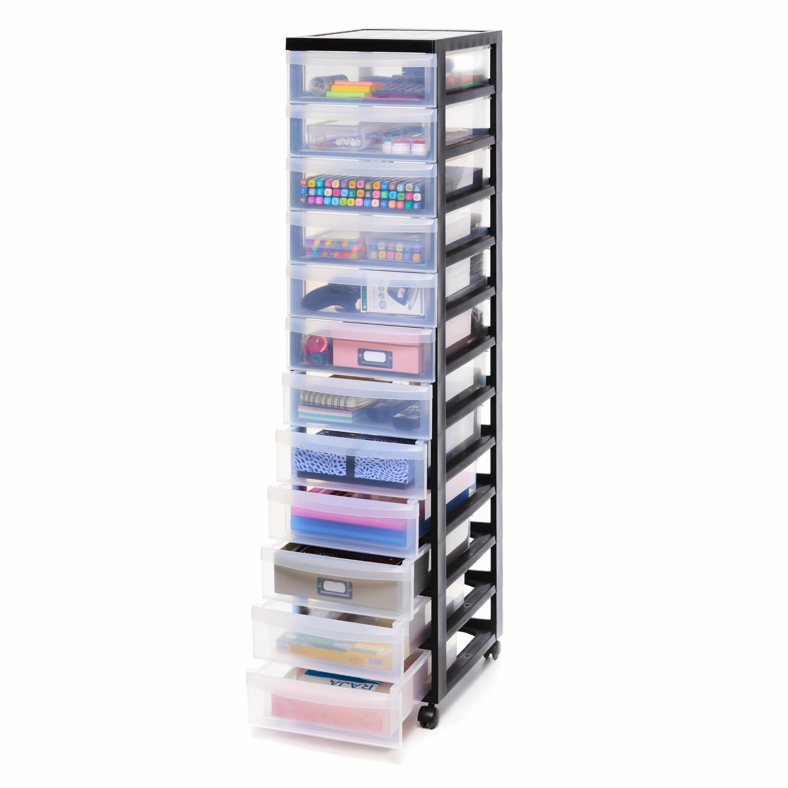 Iris Ohyama, Wieża, komoda z szufladami, plastikowy organizer do przechowywania z ergonomicznym uchwytem, 7L, 12 Szuflady, Z kółkami, BPA free, Biuro, Sypialnia, Pokój dzienny, DC-012, Czarny