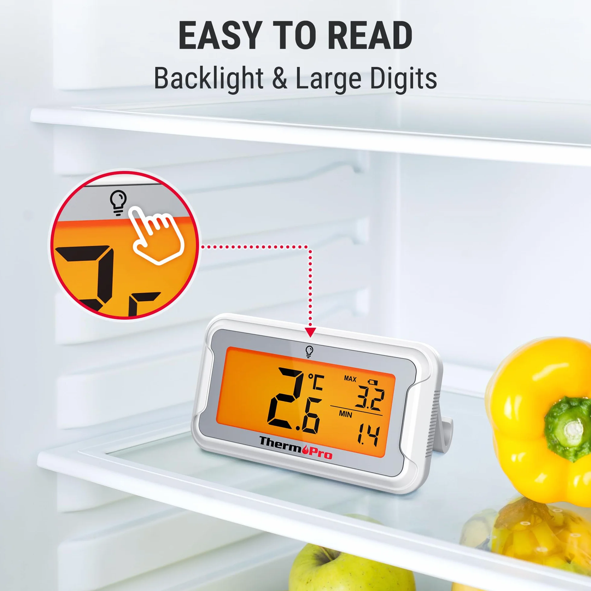ThermoPro Cyfrowy termometr do lodówki, zamrażarki, z czytelnym i większym wyświetlaczem LCD, wodoszczelny termometr z podświetleniem tła do lodówki, chłodziarki do wina