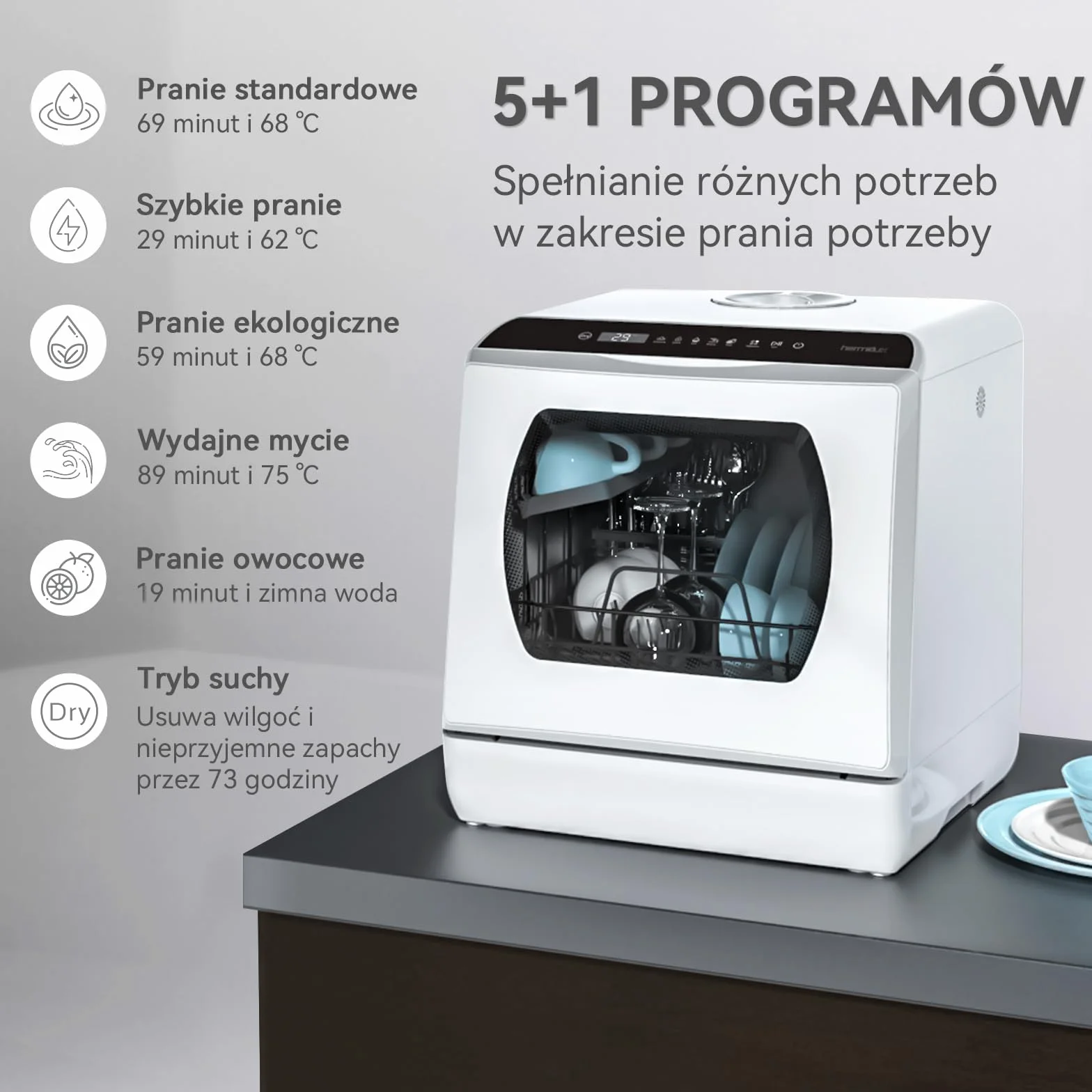 Mini zmywarka stołowa 43 cm 4 sztućce 175 kWh/rok biały