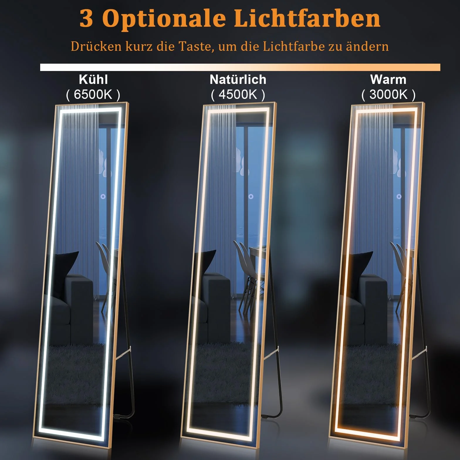 COSTWAY Lustro stojące 2 w 1 z oświetleniem LED, 3 kolory światła, możliwość ściemniania, lustro garderobiane ze złotą ramą aluminiową, do korytarza, sypialni, salonu