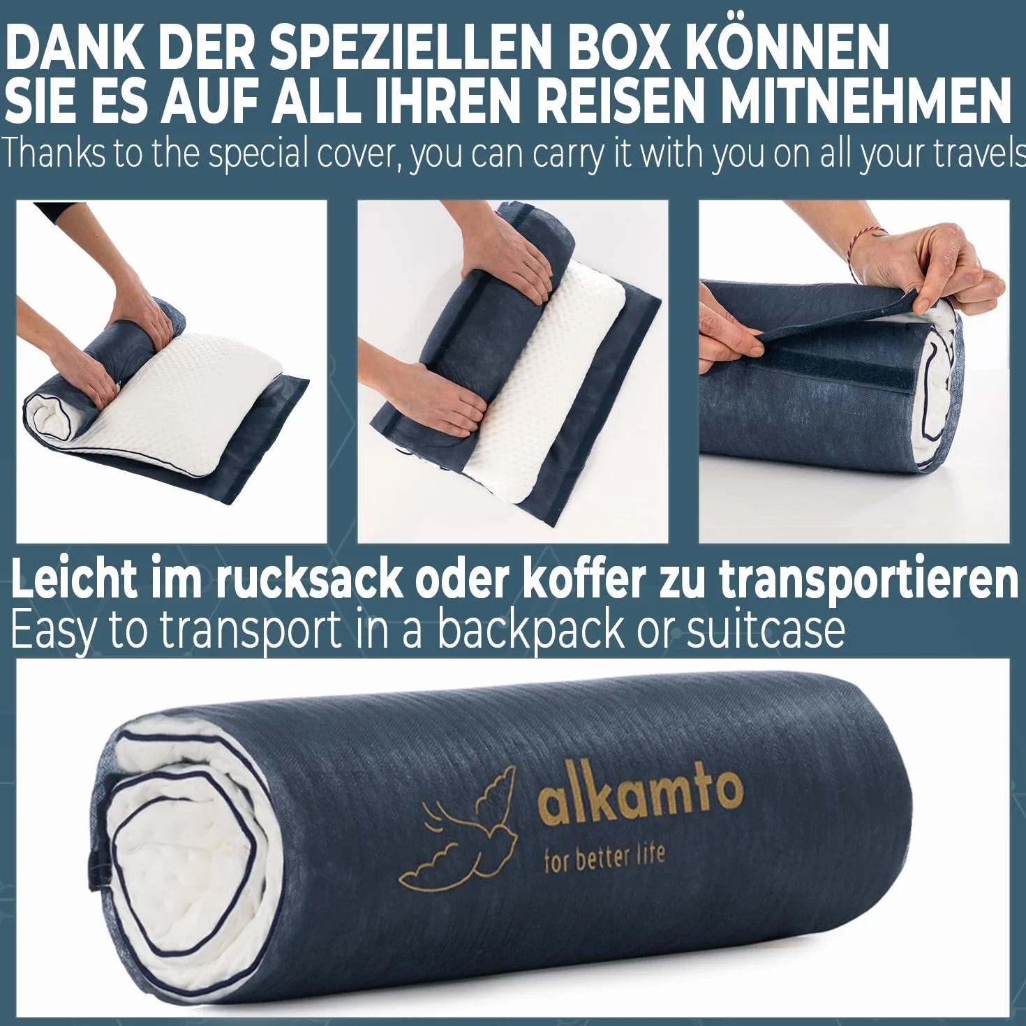 alkamto Poduszka z pianki memory 70x45 cm – Ergonomiczna poduszka podpierająca kark – Certyfikat Oeko-Tex – Oddychająca i termoregulująca poszewka – Hipoalergiczna i nadająca się do prania – Idealna