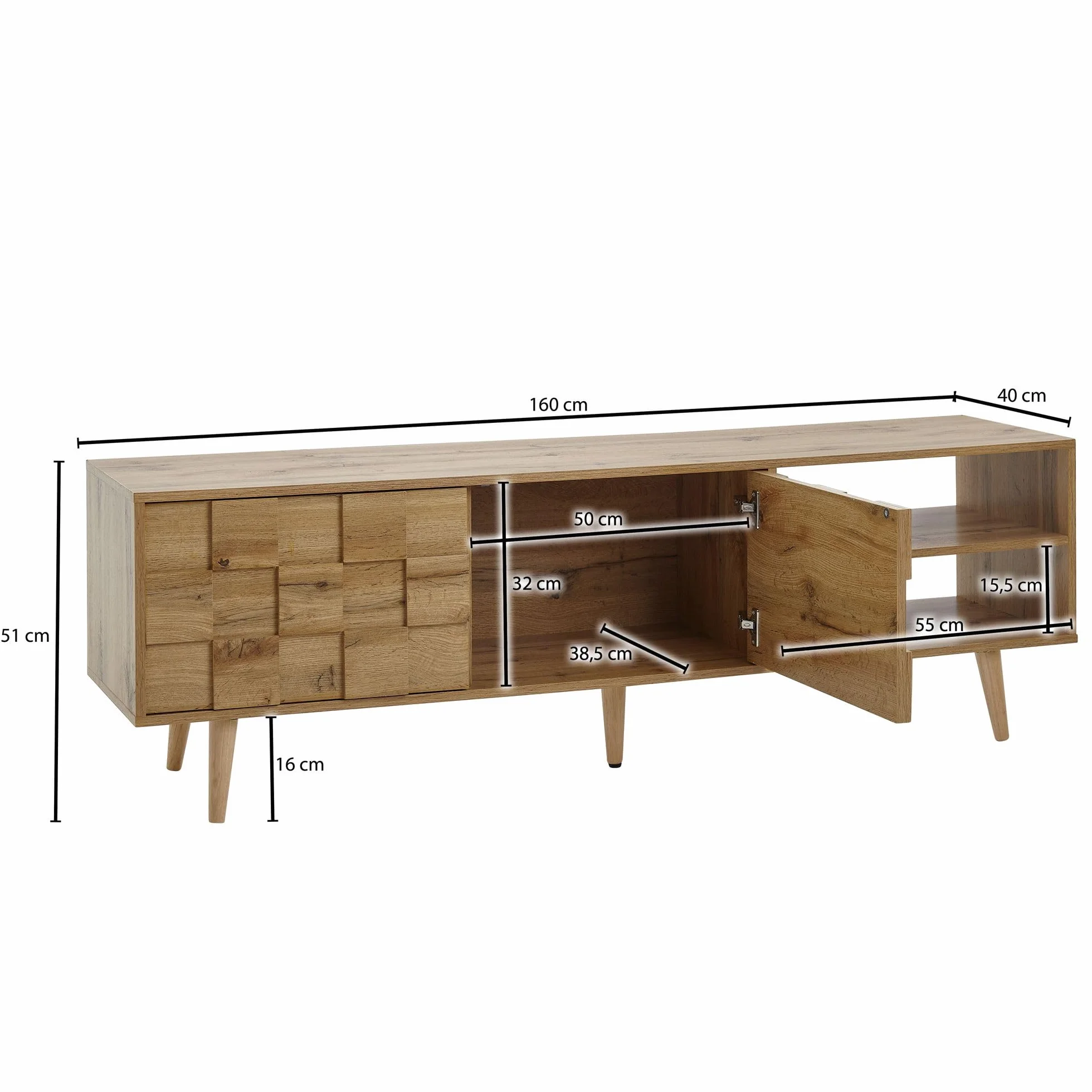 FineBuy drewno dębowe z niskim blatem dekor 160x51x40 cm Komoda RTV z dwojgiem drzwi | Zaprojektuj szafkę RTV wysoka | Szafka RTV Szafka RTV nowoczesna | Komoda TV salon