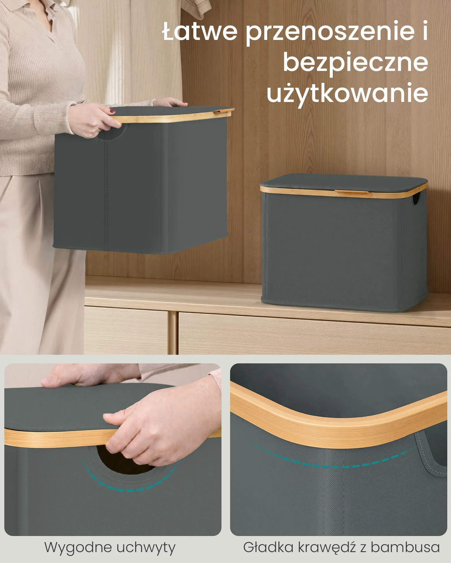 SONGMICS Kosz na pranie z pokrywką, oszczędzający miejsce, tkanina Oxford, składany, rama bambusowa, do pralni, sypialni, salonu, 40 l, 42 x 32 x 30 cm, kolor łupkowo-szary LCB516GN01