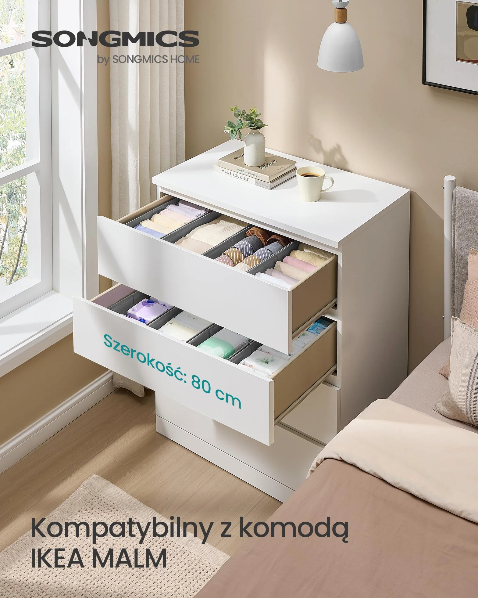SONGMICS Zestaw 4 organizerów na bieliznę, organizer do szuflady do komód IKEA HEMNES i MALM, bez przegródek, składany organizer do szafy, 40 x 16 x 10 cm na skarpetki, gołębi szary RUS012G01