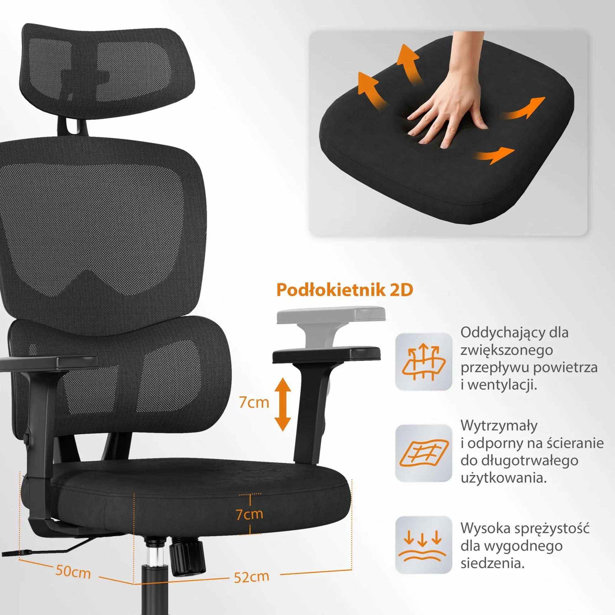 SENSE7 VENO Fotel Biurowy Ergonomiczny – Oddychająca Siatka, Regulowany Zagłówek i Podłokietniki, Ciche Kauczukowe Kółka, Stylowy Design, Komfort i Stabilność dla Pracy i Relaksu