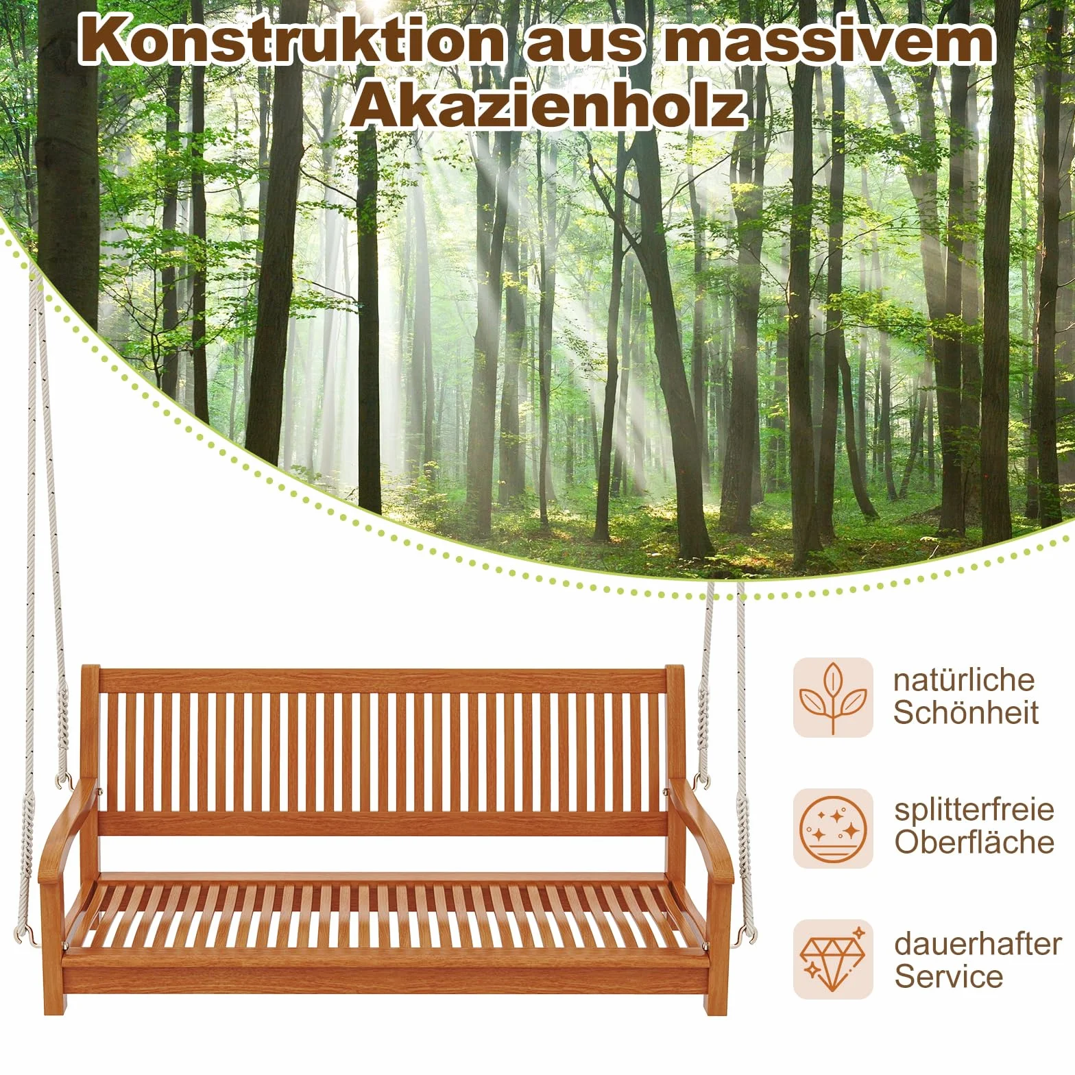 COSTWAY Werandowa huśtawka, 2-osobowa, obciążenie do 360 kg, wisząca ogrodowa, Hollywood z drewna akacjowego
