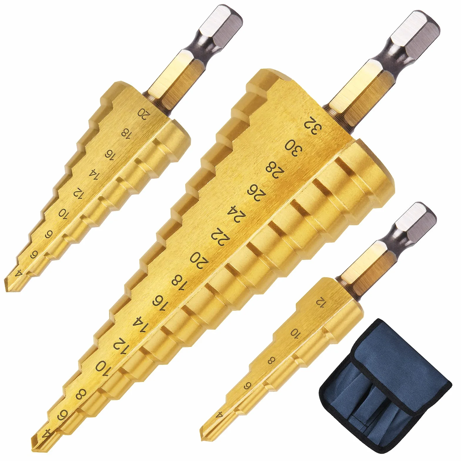 flintronic Zestaw wierteł stopniowych, 3 szt., 4 mm do 12, 20, 32 mm, ze stali szybkotnącej HSS powlekane tytanem, wiertło stożkowe z podwójnym rowkiem, do tworzywa sztucznego, drewna, metalu