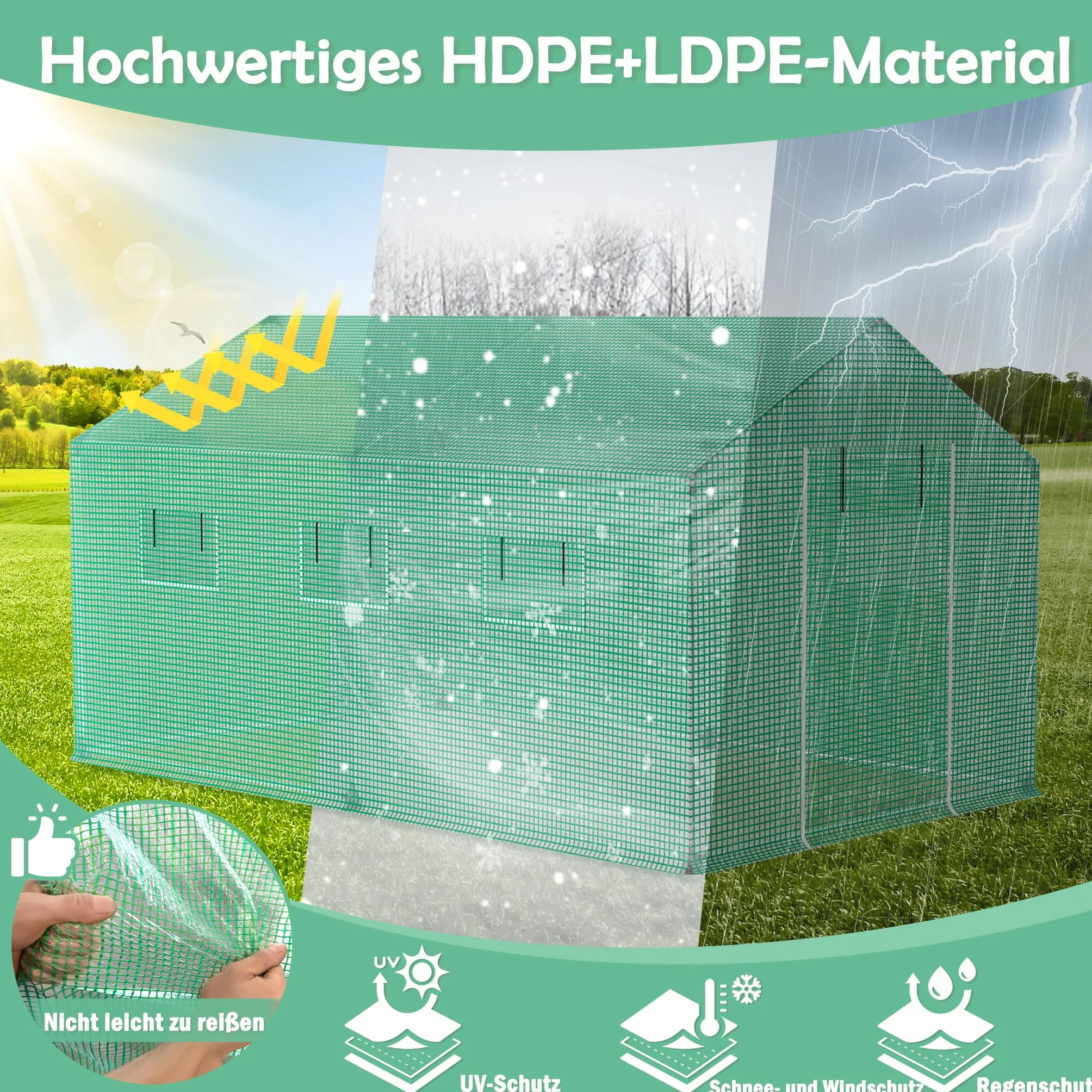 Aufun Szklarniafoliowa do pomidorów, tunel foliowy z folią kratową i oknem, tunel foliowy odporny na zimę, szklarnia dla roślin, wielofunkcyjna, dach skośny, zielona, 3x2x2m
