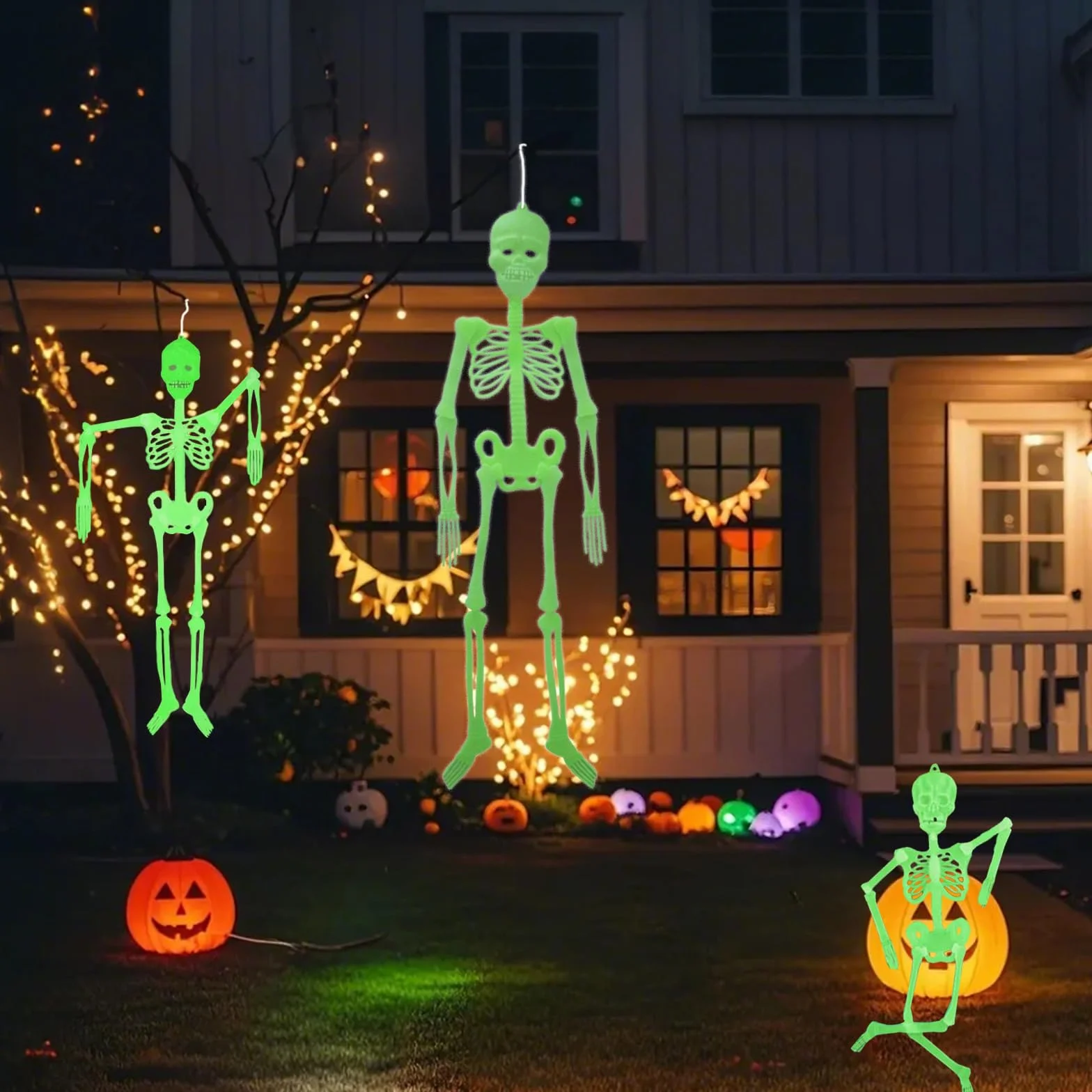 3 sztuki dekoracja na Halloween, świecący szkielet, realistyczne ludzkie szkielety, 3D, straszna dekoracja na Halloween, do ogrodu, straszna impreza tematyczna w pomieszczeniach