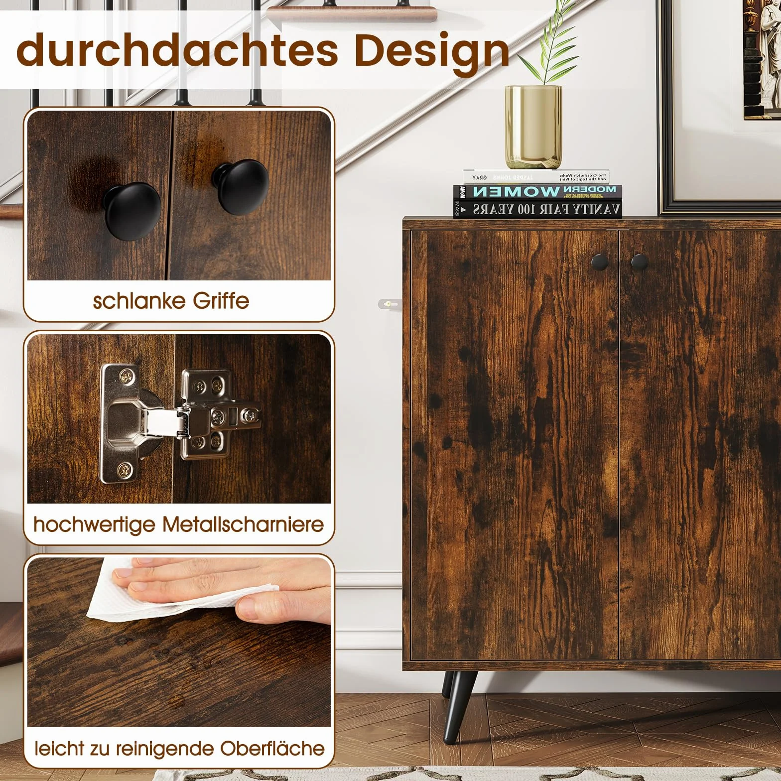 COSTWAY kredens drewniany, komoda z 4 drzwiami i 5-stopniowo regulowanymi półkami, szafka kuchenna, szafka vintage, do salonu, kuchni, jadalni, 127,5 x 38 x 80 cm (brązowy)