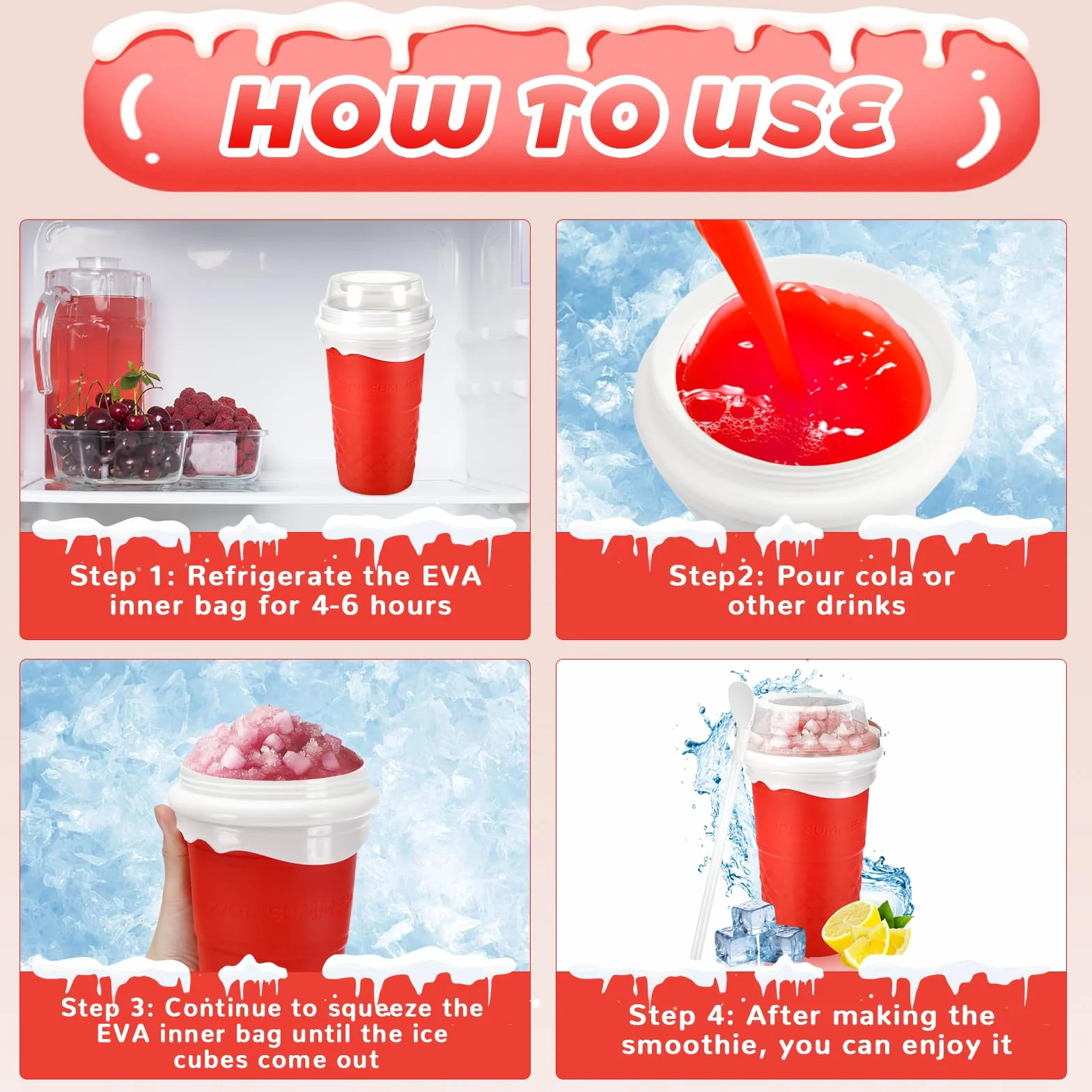 Silikonowy kubek Slushy Maker, Slush Cup z łyżką ze słomką do coli lub soku (różowy)