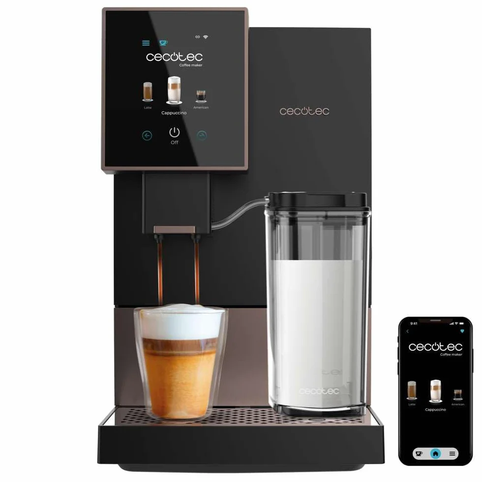 Cecotec Ręczny ekspres do kawy i cappuccino Cremmaet Compactccino Connected Black Rose. 30 odmian, zbiornik na mleko 400 ml, zbiornik na wodę 1,1 l, ekran TFT, 19 barów, termoblok