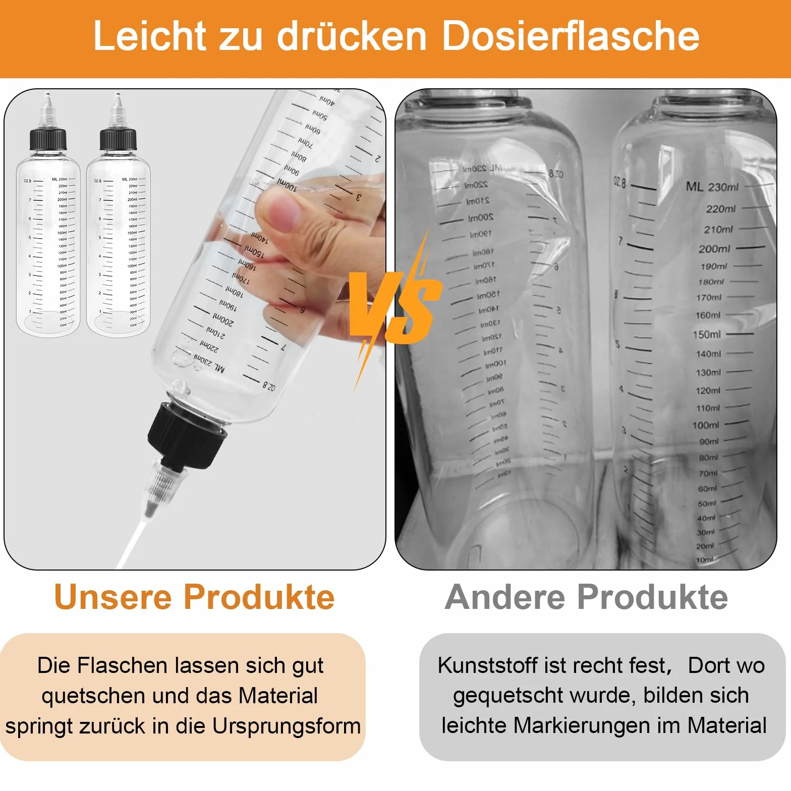 Realure 4 butelki do wyciskania 250 ml, przezroczyste butelki do wyciskania ze skalą, z tworzywa sztucznego, butelki dozujące z zakrętką z lejkiem, uniwersalne butelki na sosy, do płynnych przypraw
