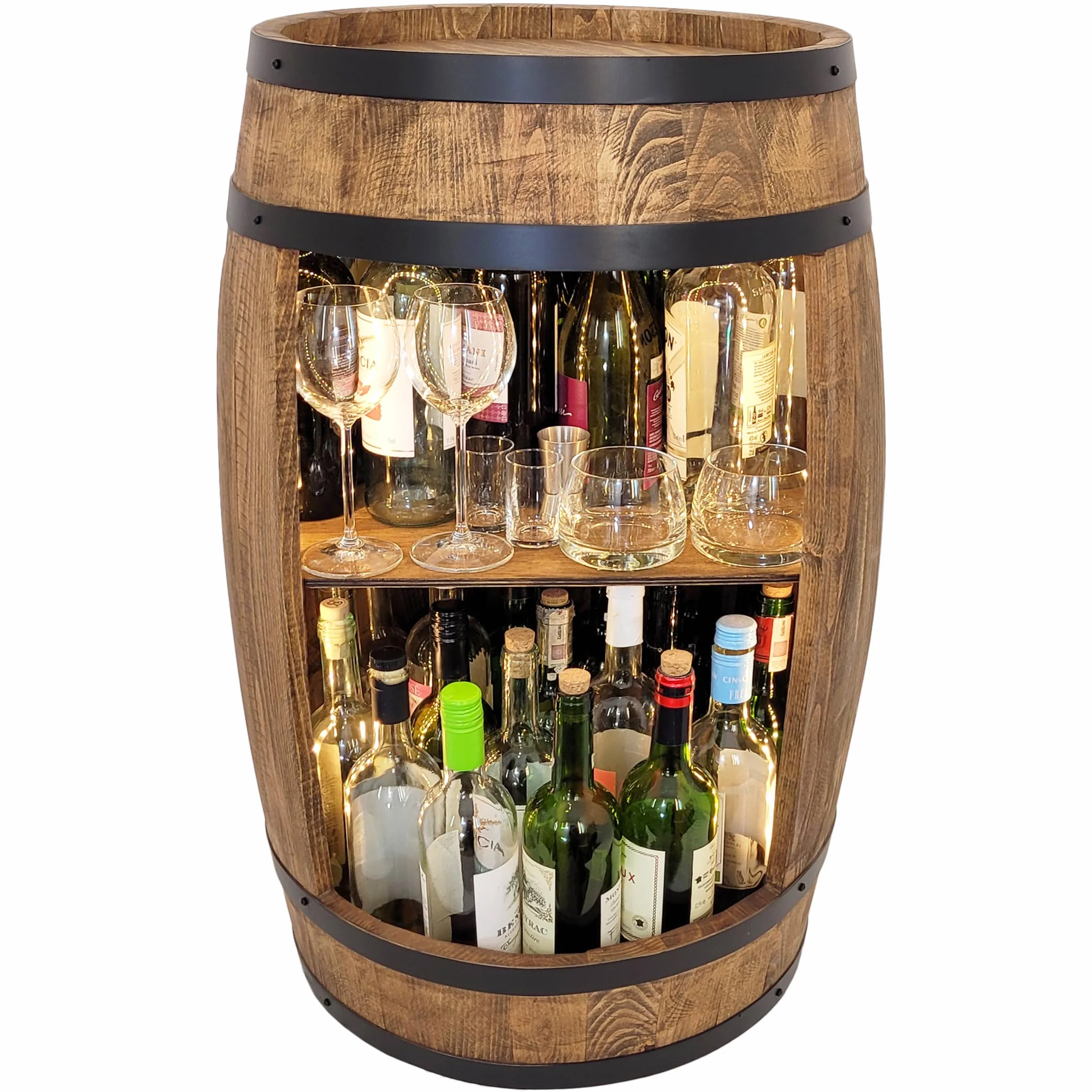 weeco szafka barowa LED Regał na wino, szafka na wino XL Beczka w stylu vintage, dekoracja do salonu Minibar na gin, whisky, piwo Beczka na wino stolik barowy Drewniana beczka na szklanki i butelki.