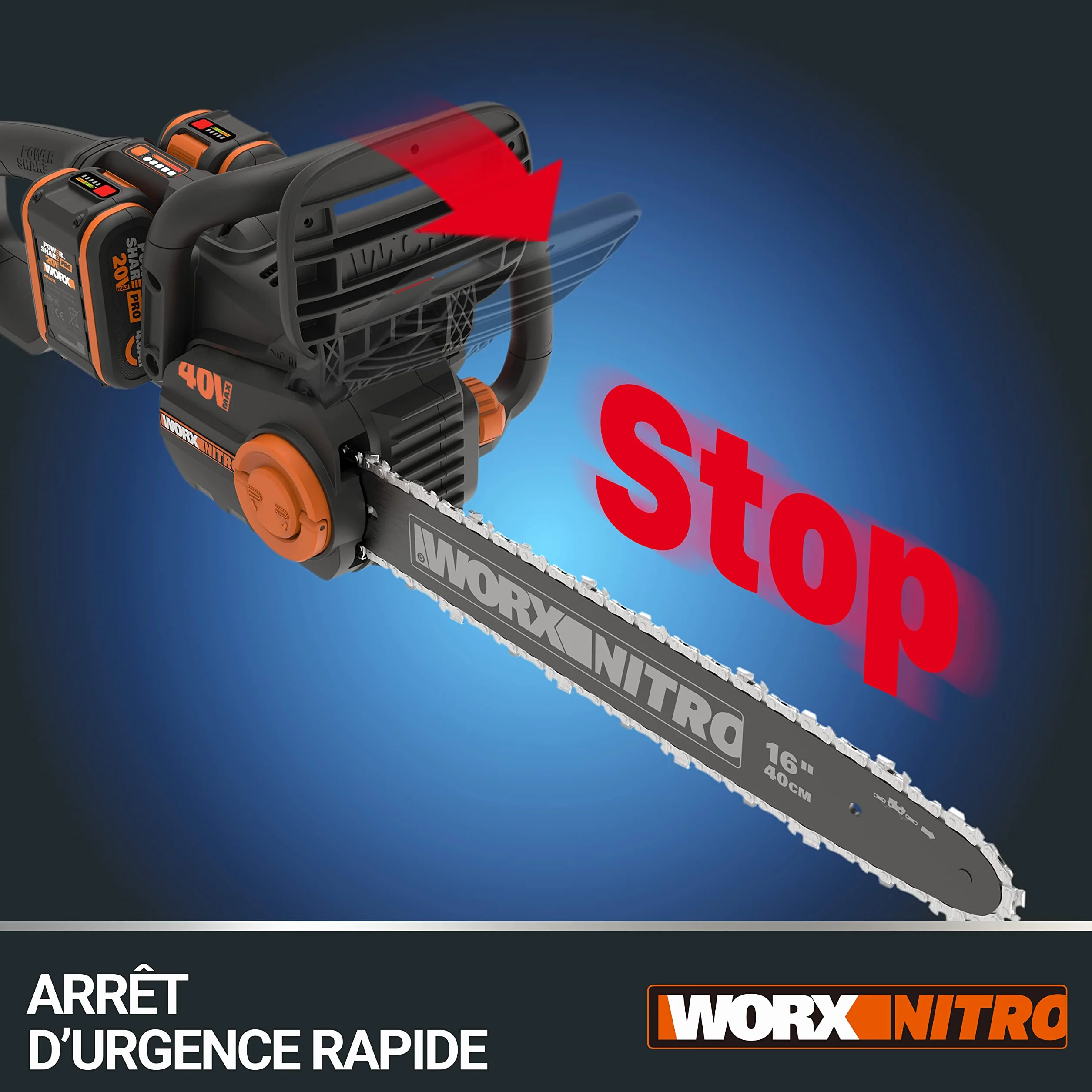 WORX Piła łańcuchowa Nitro 40V (2x20V) | PowerShare | WG385E.9 | Nie obejmuje baterii i ładowarki | Silnik bezszczotkowy | Miecz 40 cm | Hamulec łańcucha i automatyczne smarowanie