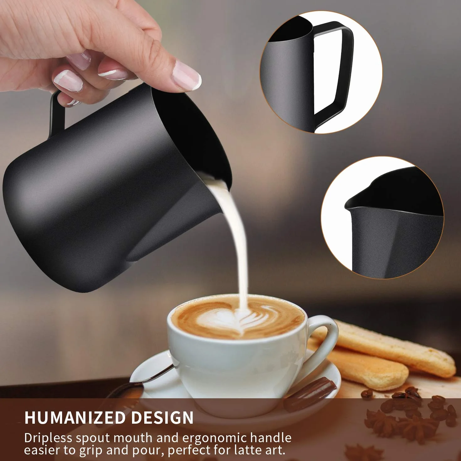 TechKen Dzbanek do Spieniania Mleka 350 ml 600 ml Latte Art Pen Czarny