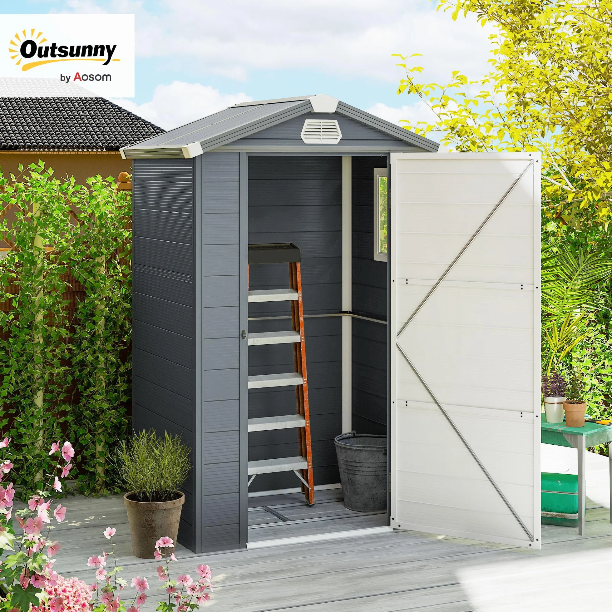 Outsunny Domek na narzędzia 1,1 m², szopa na narzędzia z dachem dwuspadowym, 133 x 102 x 208 cm, szopa z tworzywa sztucznego, z zamykanymi drzwiami, otworem wentylacyjnym, fundamentem, do ogrodu