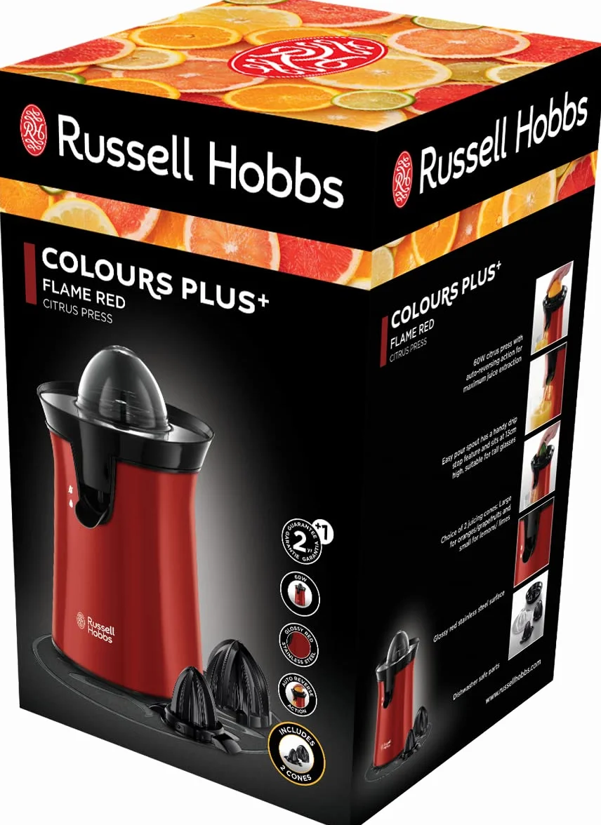 Russell Hobbs wyciskarka do soku, 2 stożki do wszystkich rodzajów cytrusów, start pod wpływem nacisku, funkcja blokady kapania, schowek na przewód, moc 60W, czerwony, Colour Plus 26010-56