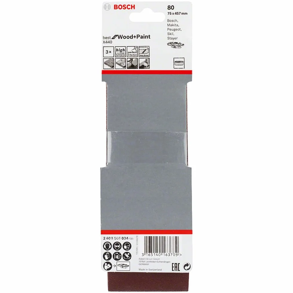 Bosch 3x Pas ścierny PRO Paint on Wood and Hardwood X440 do szlifierek (do Farba na drewnie, Twarde drewno, 75 x 457 mm, Ziarnistość 80, Professional Akcesoria szlifierka taśmowa)