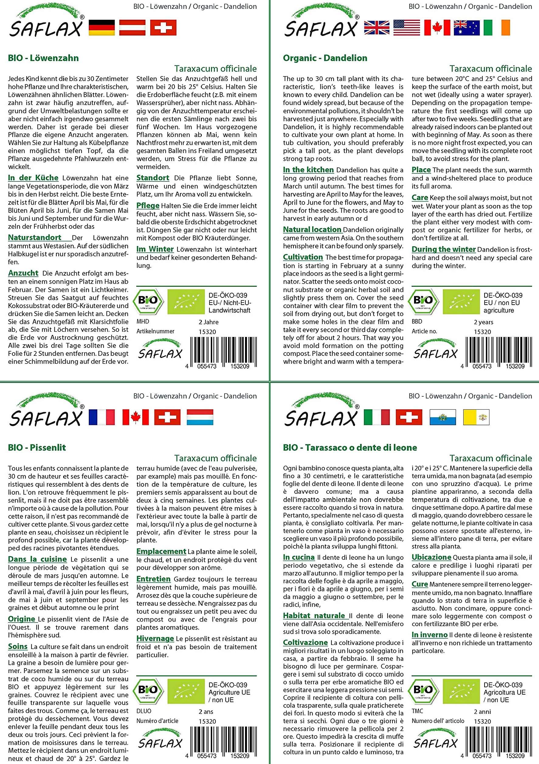 SAFLAX - Bio - Mniszek Lekarski - 400 Nasiona - Taraxacum officinale