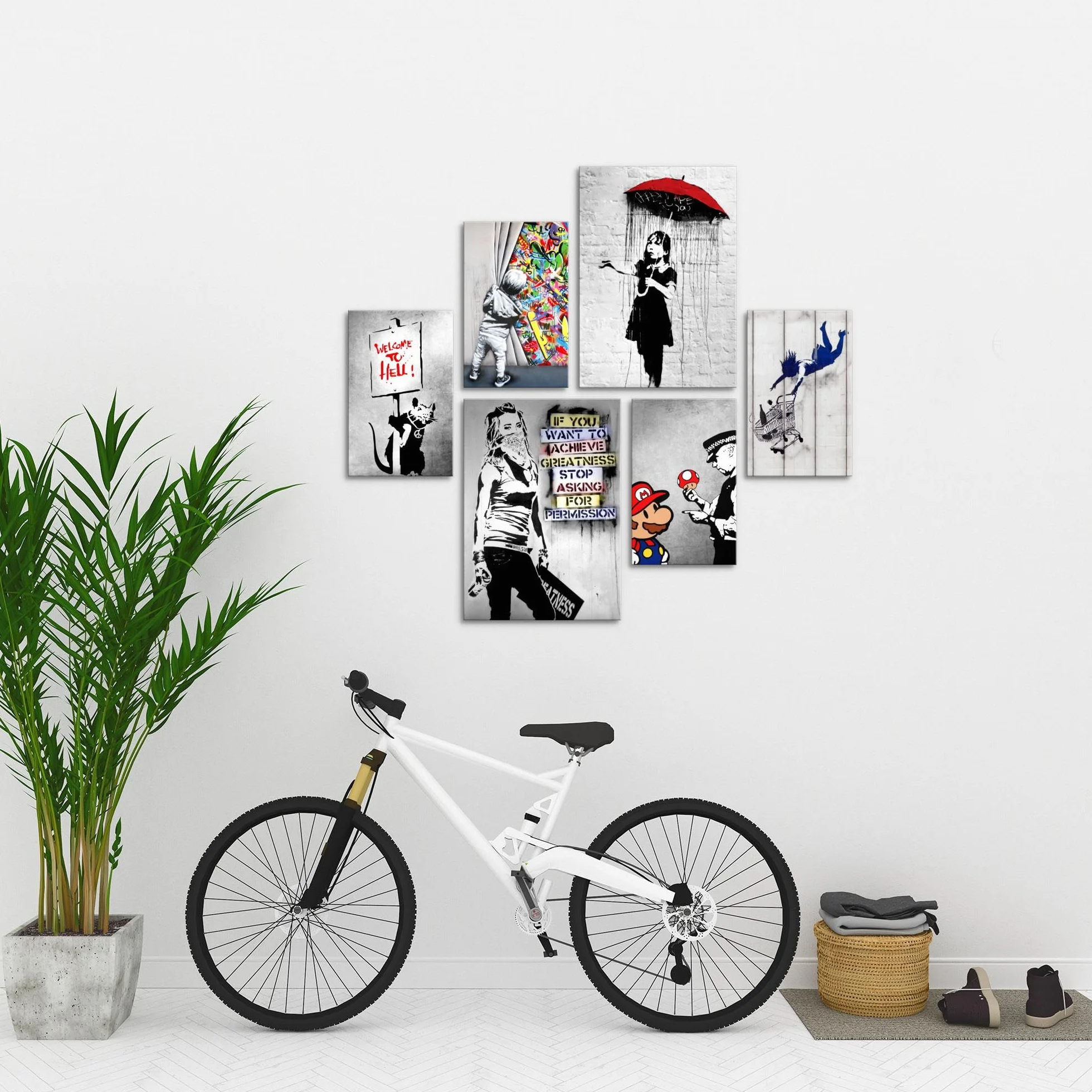 Zestaw obrazów – gotowy do zawieszenia – nie wymaga dodatkowej ramy – Banksy Collage Modern Street Art – salon, biuro N019463a