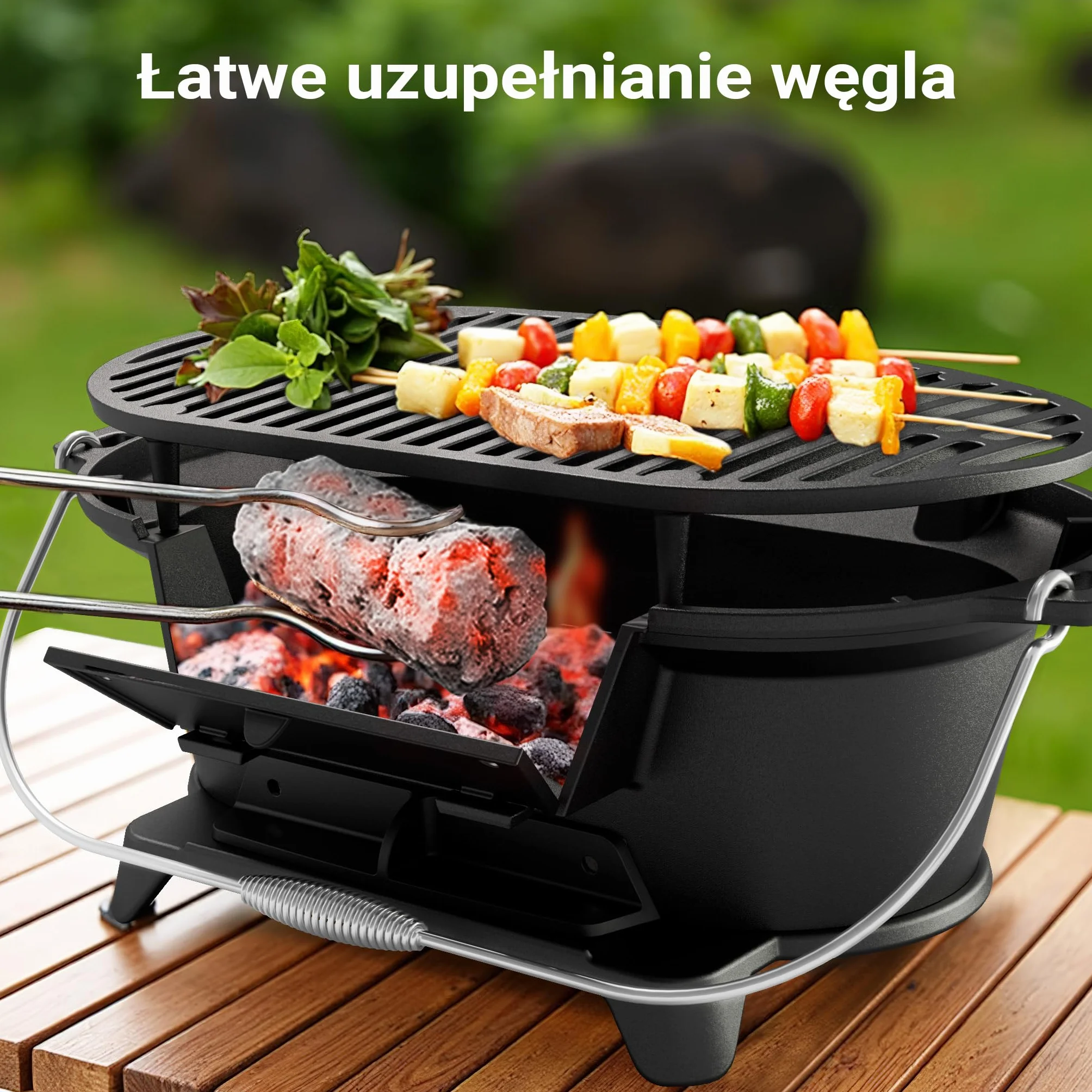 Wiltec Przenośny grill żeliwny o wymiarach 500 x 270 x 210 mm, z uchwytami i płytą do grillowania, miska na węgiel z otworem wentylacyjnym