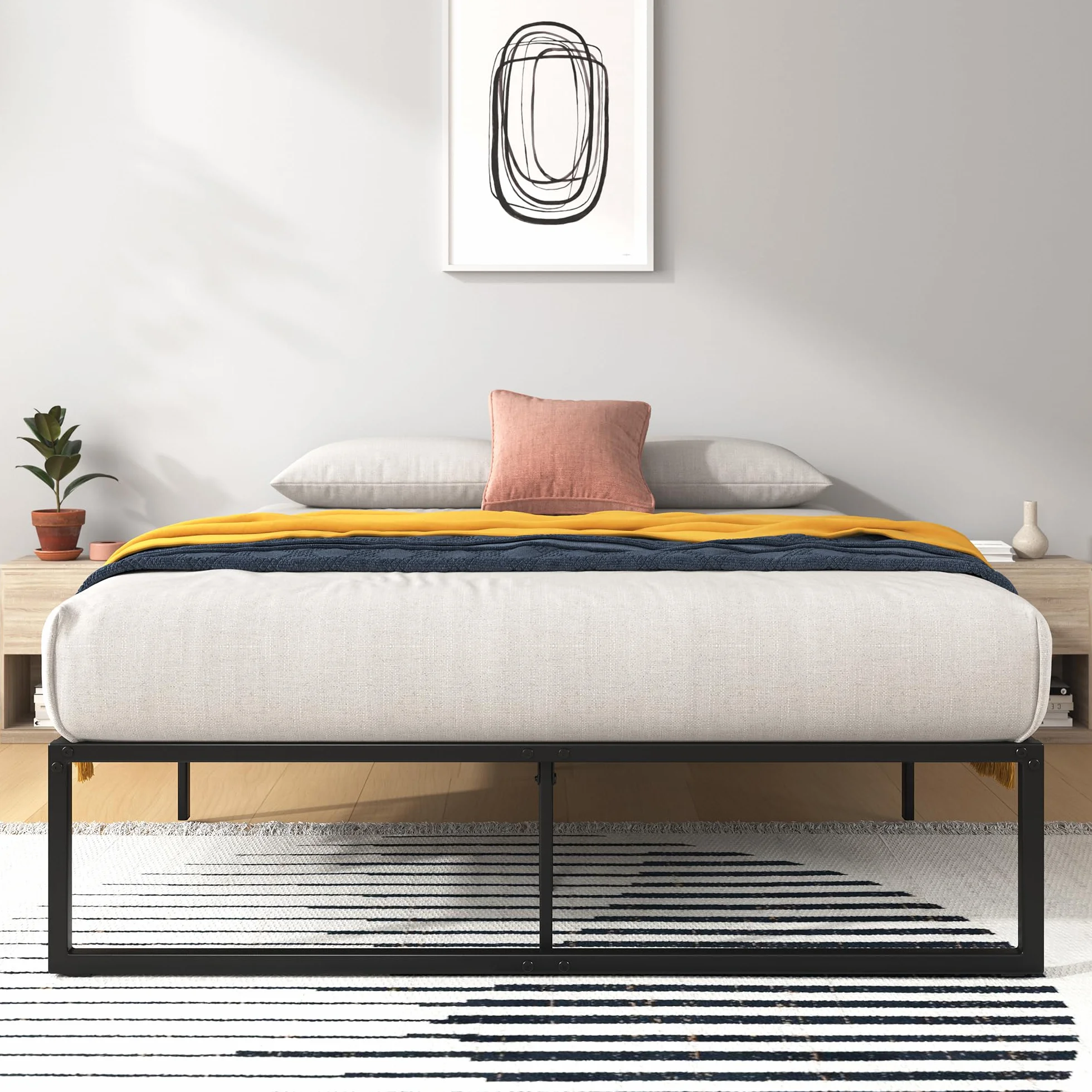 Zinus Lorelai łóżko 140 x 190 cm, rama łóżka o wysokości 36 cm z miejscem do przechowywania pod łóżkiem, metalowa rama łóżka platformowego, kolor czarny