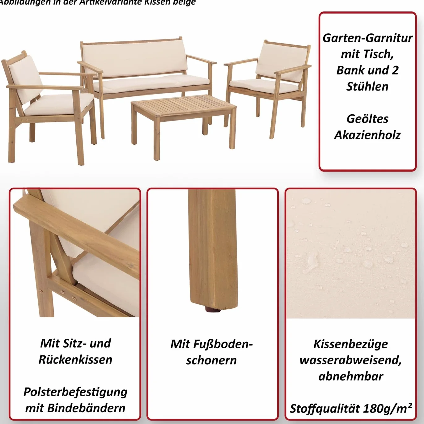 Mendler komplet mebli ogrodowych HWC-O19, zestaw wypoczynkowy siedzisk ławka fotel stół, drewno akacja FSC® tkanina/tekstyl (180g/m²) - poduszka beżowa