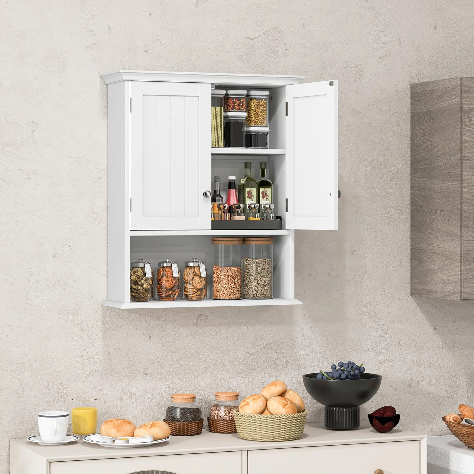 GOPLUS szafka wisząca do łazienki, szafka łazienkowa z drewna z regulowanym regałem, szafka wisząca na ścianie, szafka do łazienki i kuchni, 60×19×71cm (Biały)