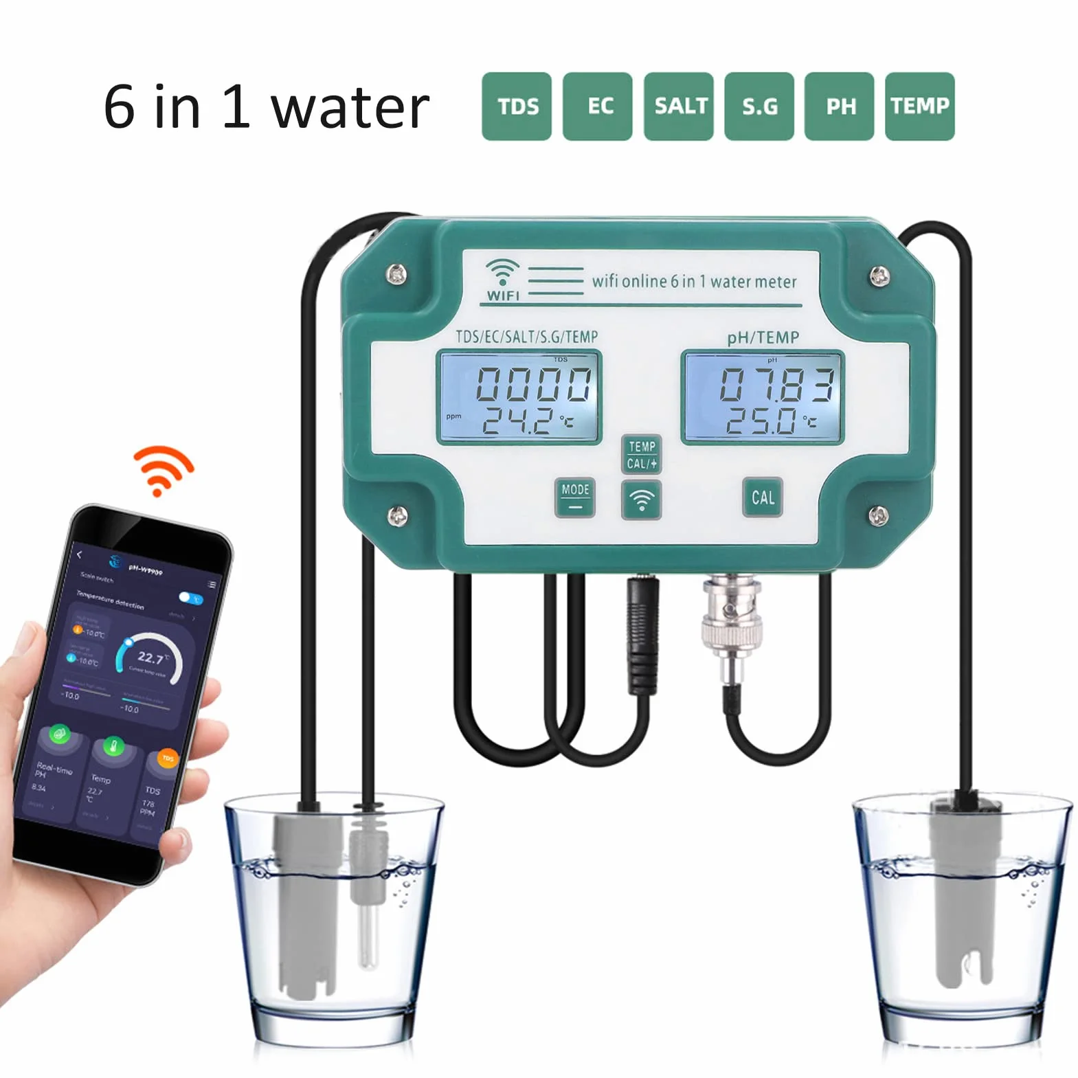 Miernik Jakości Wody Wysoka Precyzja 6 w 1 PH TDS EC SG Tester Temperatury Soli Połączenie WiFi Detektor Jakości Wody do Wody Pitnej(Wtyczka UE)