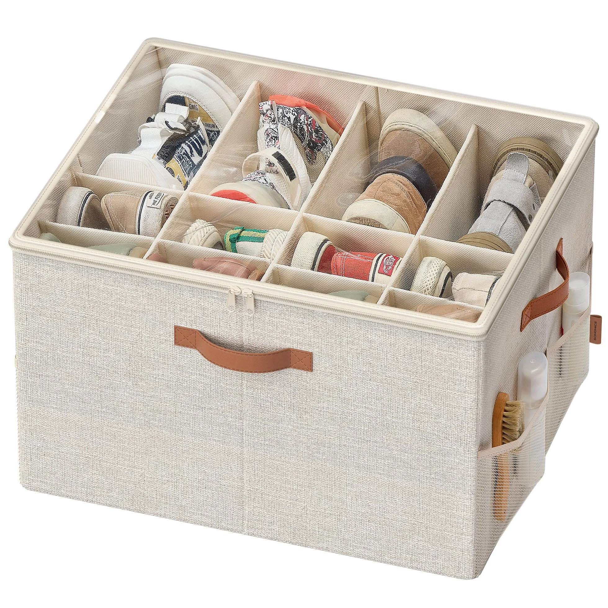 SONGMICS Organizer na buty, przechowywanie butów, na 16 par butów, pudełko na buty, uchwyty, oszczędność miejsca, do szafy, Cappuccino Beige LSP555K01