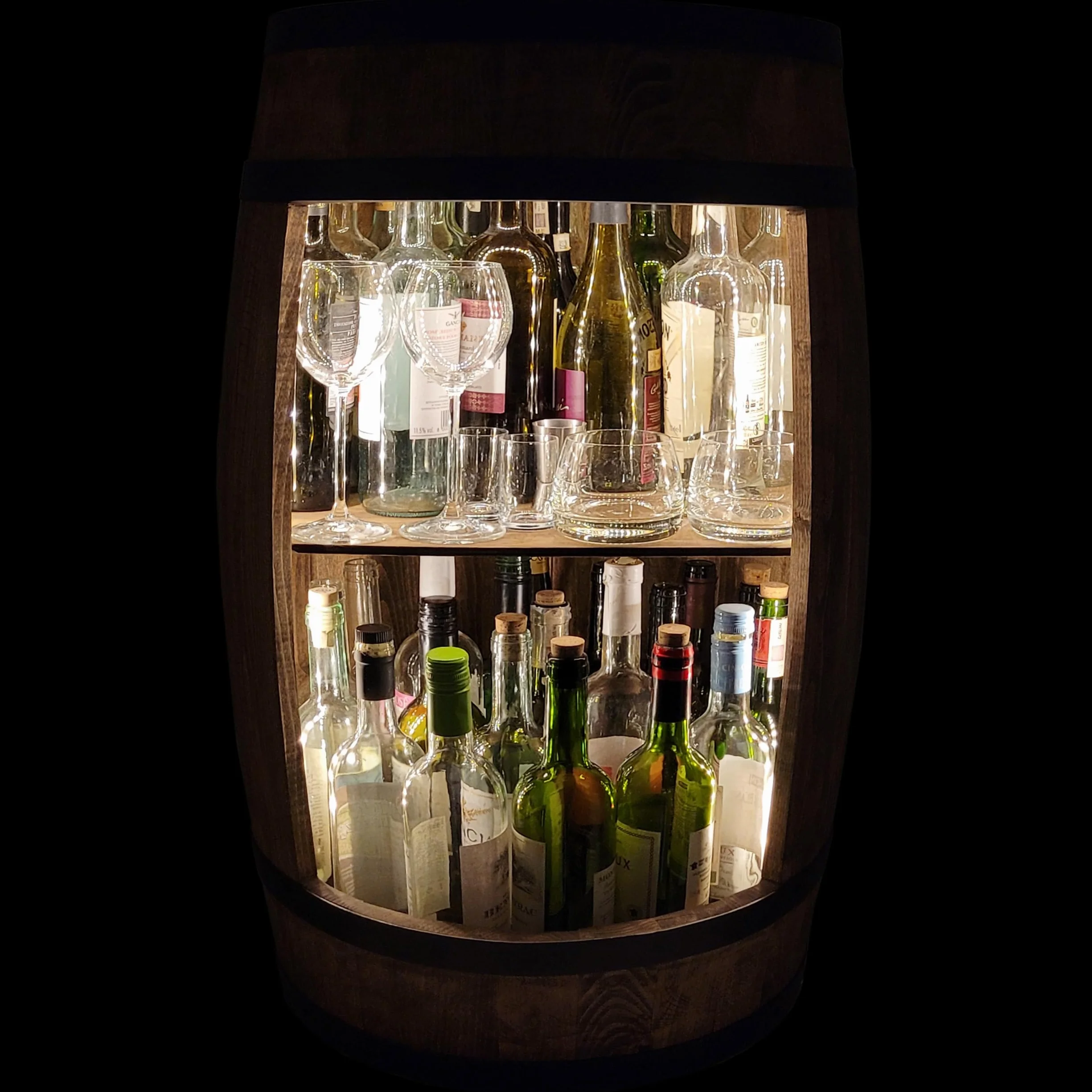 weeco szafka barowa LED Regał na wino, szafka na wino XL Beczka w stylu vintage, dekoracja do salonu Minibar na gin, whisky, piwo Beczka na wino stolik barowy Drewniana beczka na szklanki i butelki.