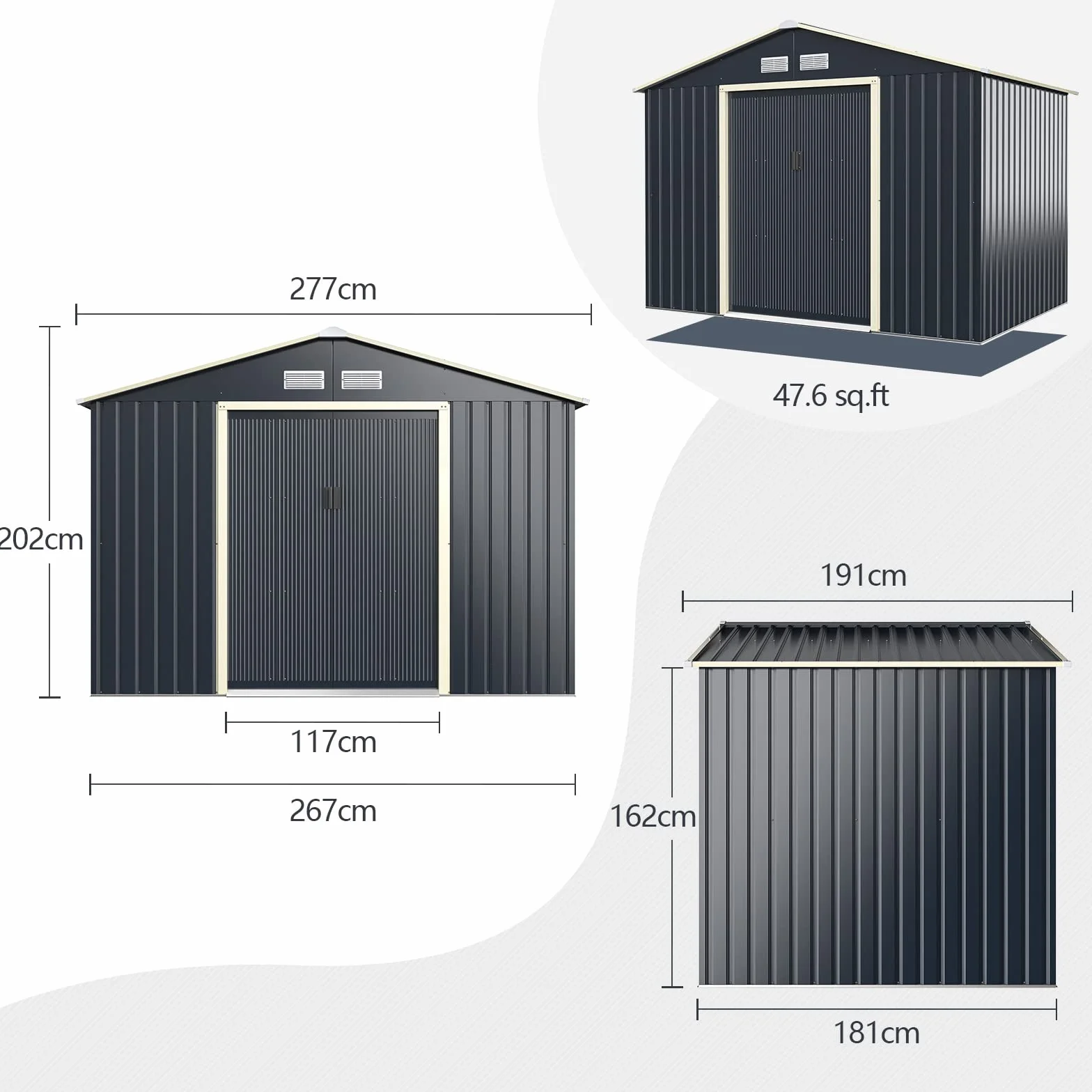 COSTWAY metalowa szopa na narzędzia, 277 x 191 x 202 cm, zamykana, domek ogrodowy z 4 otworami wentylacyjnymi i drzwiami przesuwnymi, szopa ogrodowa na kosiarki, rowery, narzędzia