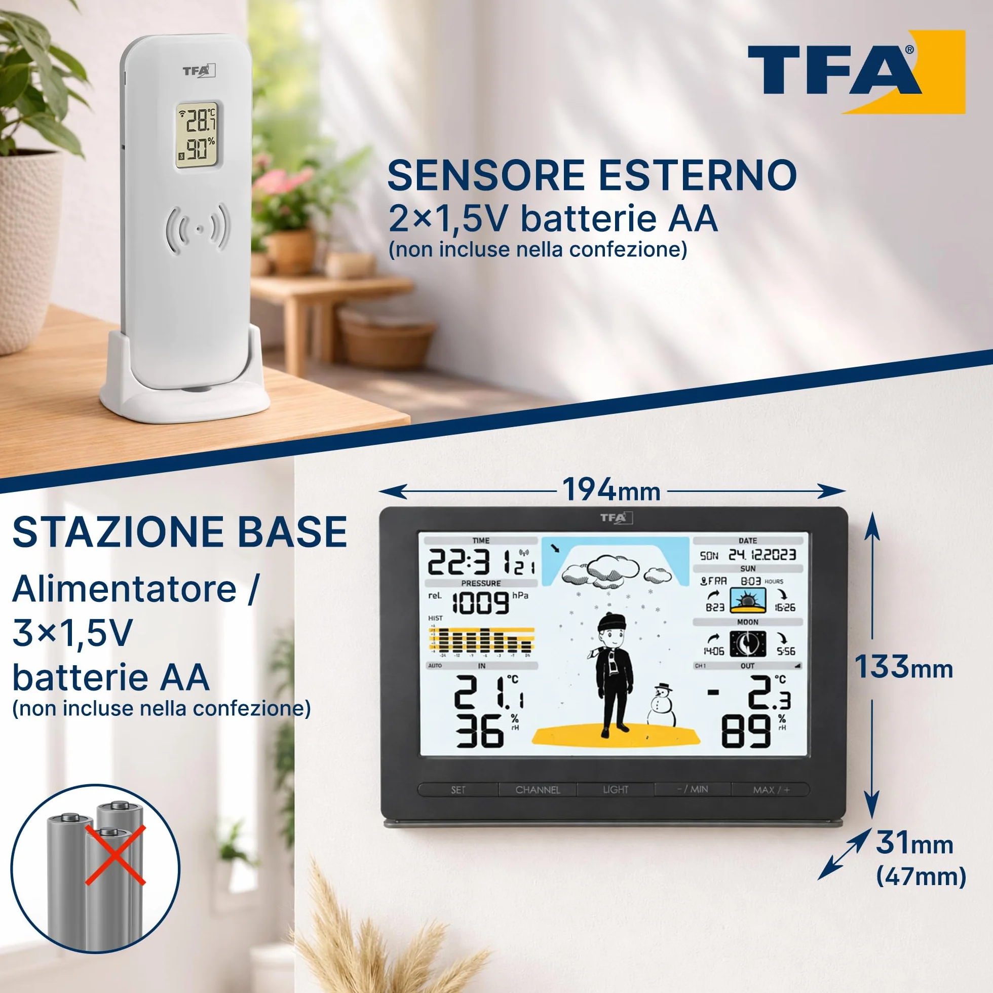TFA Dostmann 35.1097.01 radiowa stacja pogodowa METEO JACK, w zestawie nadajnik zewnętrzny, prognoza pogody, ciśnienie powietrza, fazy księżyca, wschód i zachód słońca, zegar i dzień tygodnia (również