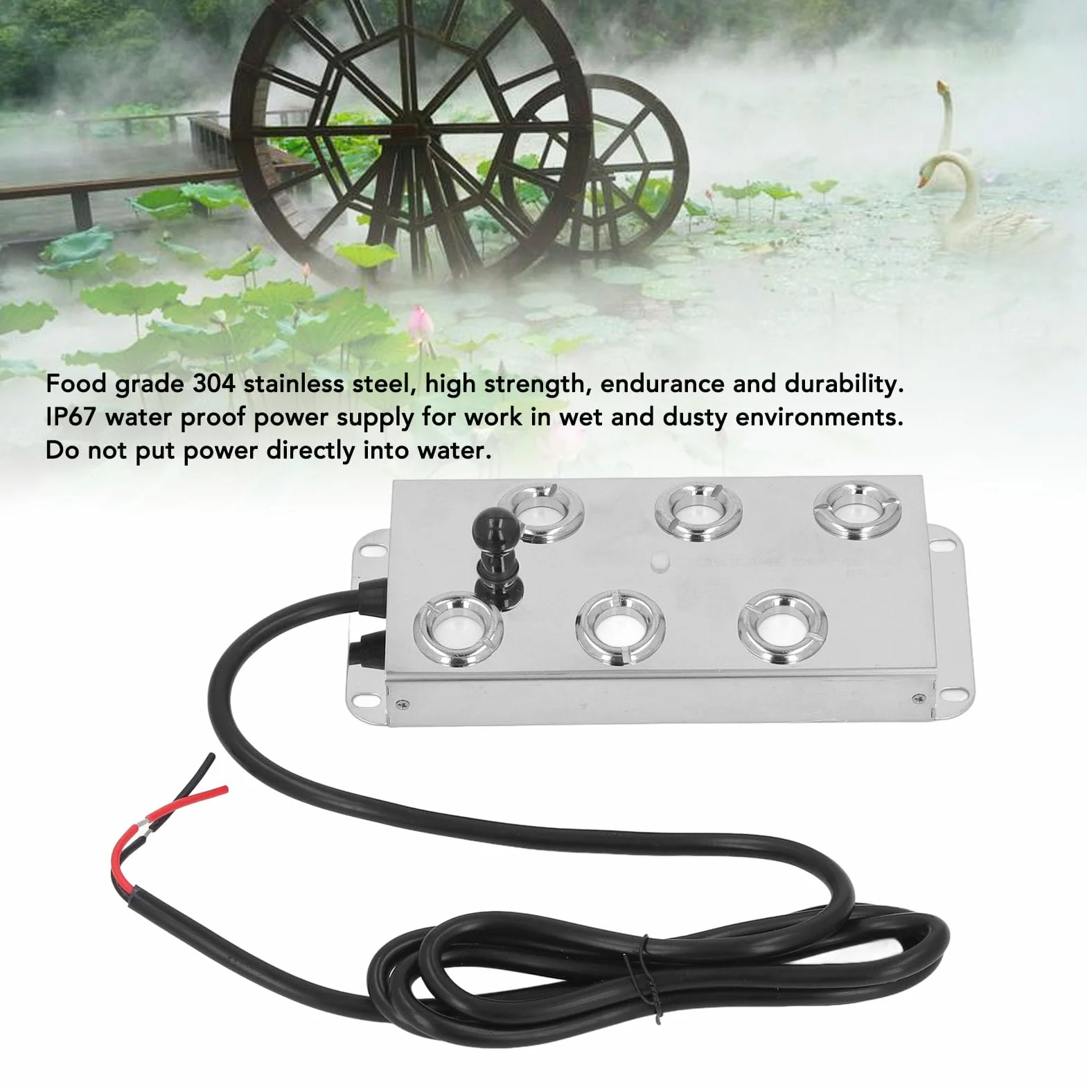 6-głowicowy Ultradźwiękowy Generator Mgły, Zamgławiacz Mgły ze Stali Nierdzewnej z 6 Rdzeniami, 4500 Ml/h, Wodoodporny Zasilacz IP67, Kabel 1,5 M do Szklarni, Stawu, Trawnika z