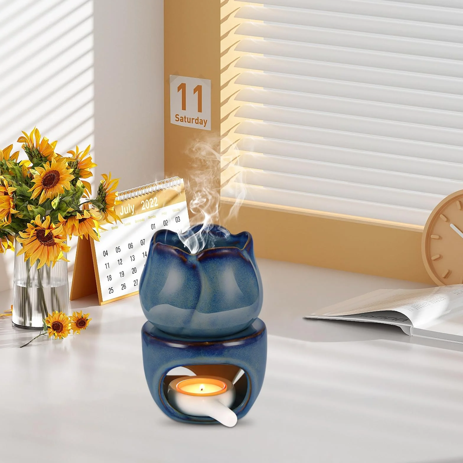 HENGBIRD Lampa zapachowa do olejków eterycznych z łyżeczką do świec i linią świec, lampa zapachowa podgrzewacza, podgrzewacz do olejków zapachowych, ceramiczna, dekoracyjna lampa zapachowa do domu