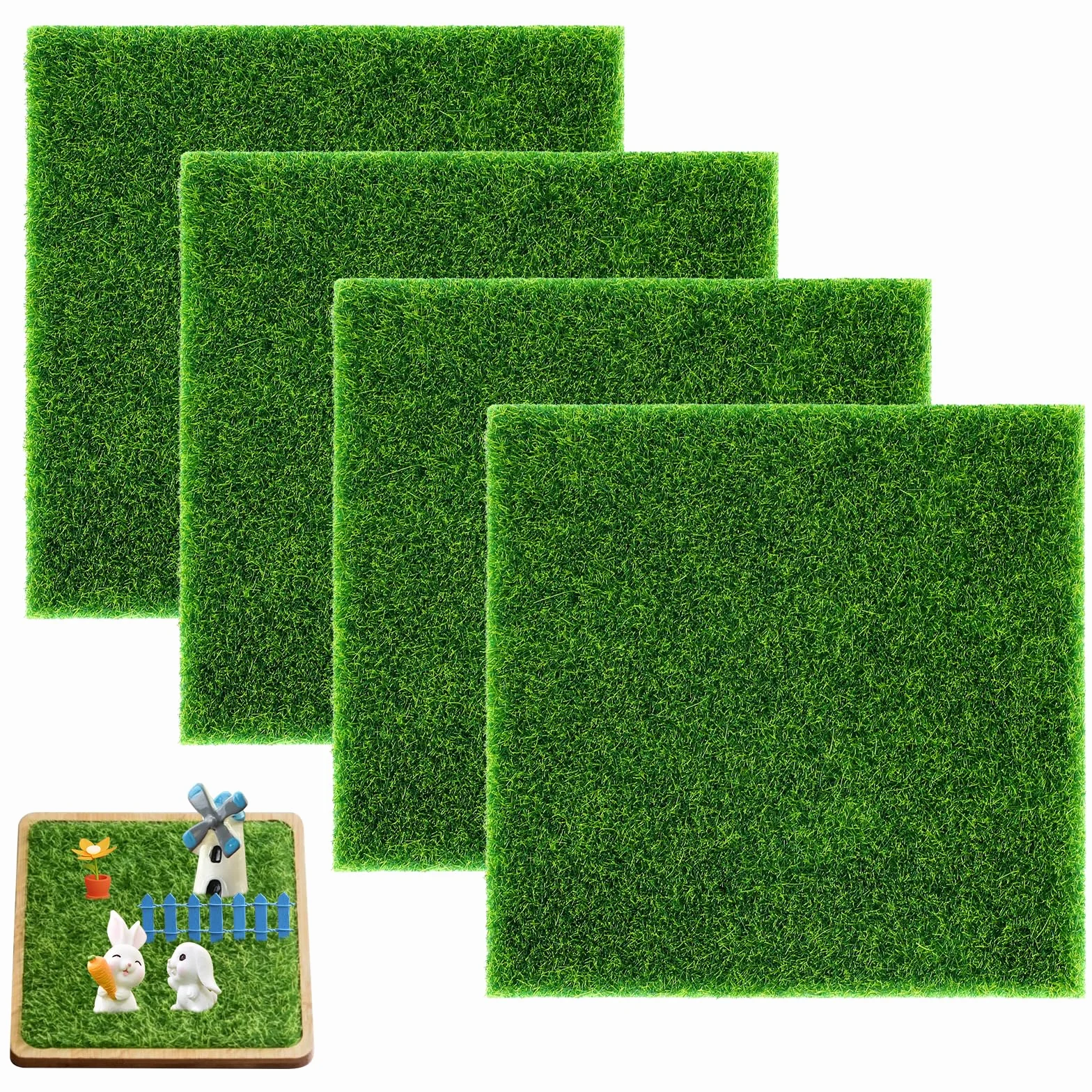 Miniaturowy dywan do ogrodu, sztuczny mech, 15 x 15 cm, sztuczna trawa, sztuczna trawa, miniaturowa dekoracja ogrodu, do użytku wewnątrz i na zewnątrz, mikrokrajobraz, taras, 4 sztuki