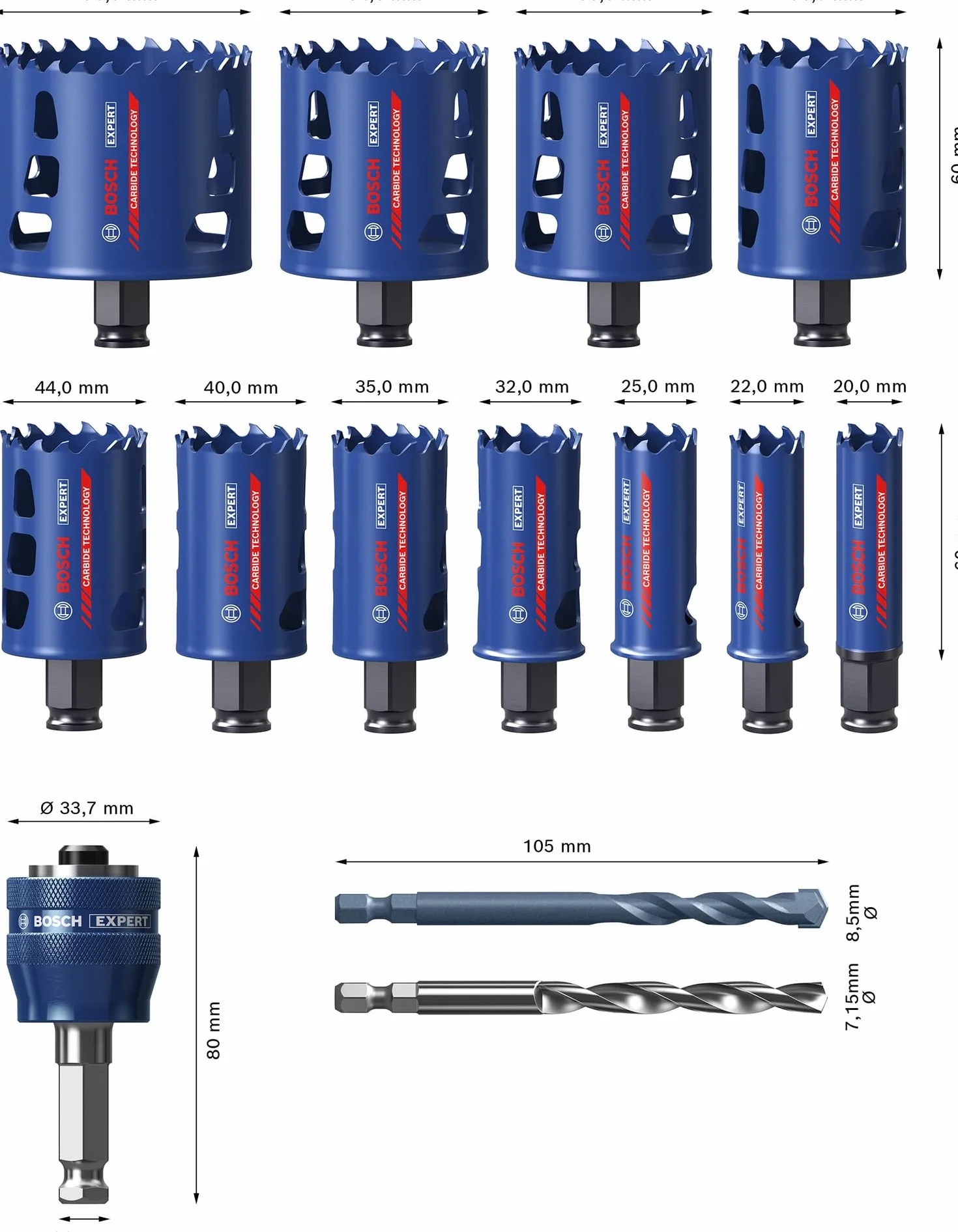 Bosch 14x Zestaw uniwersalnych otwornic EXPERT Multi Material PC Plus (do Drewno z metalem, Cegła, Ø 20, 22, 25, 32, 35, 40, 44, 51, 60, 64, 76 mm, Professional Akcesoria Wiertarki)