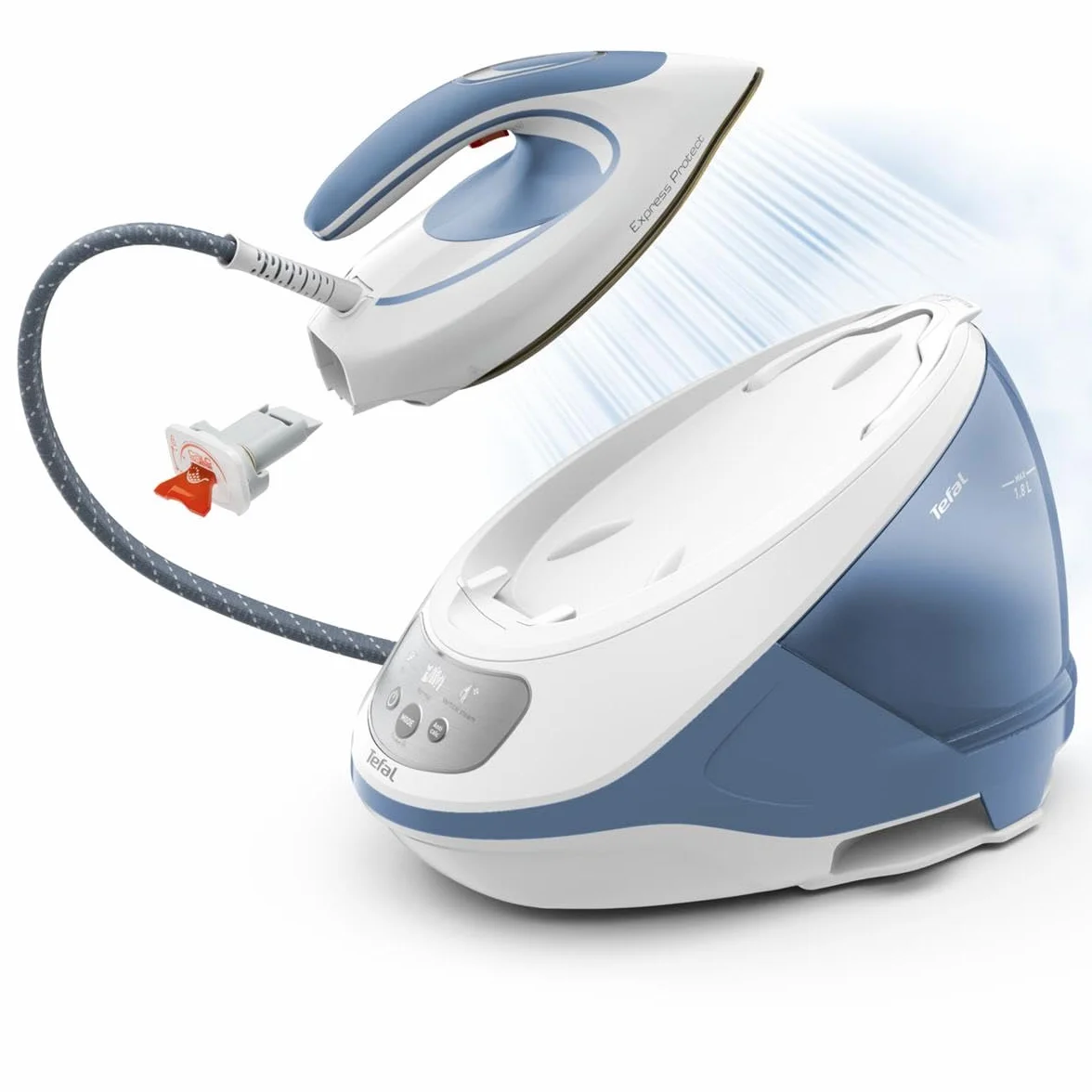 TEFAL SV9202 Protect Generator pary, Stacja do Prasowania Parowego, Ciśnienie 7,5 bara, Uderzenie pary: 520 g/min, Stały wyrzut pary: 130 g/min, Prasowanie w pionie, 2600 W, 1,8 L, Biały/Niebieski