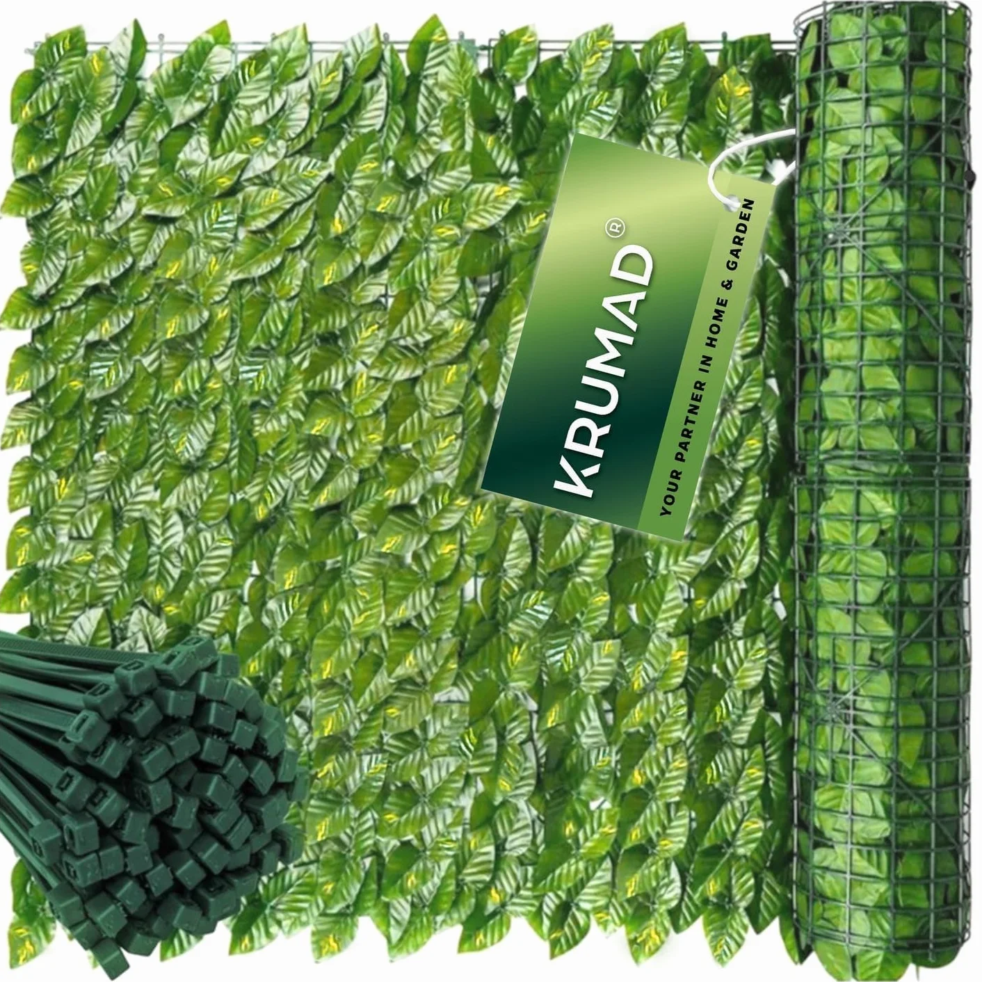 KRUMAD Sztuczny bluszcz ochrona przed wzrokiem, zestaw 2 x 500 x 50 cm, wisząca girlanda, ochrona przed wzrokiem na balkon i do ogrodu, sztuczny bluszcz, w zestawie 200 opasek kablowych, ochrona przed
