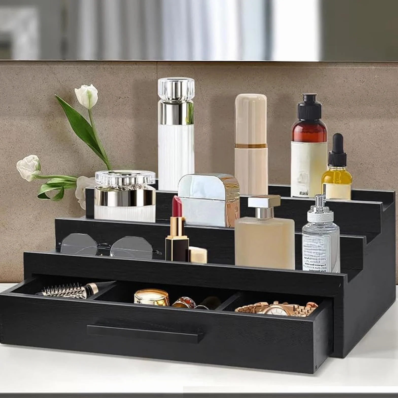 Czarny organizer na perfumy, drewniana taca na perfumy, stojak na perfumy, męski stojak na perfumy, stylowy organizer do komody, elegancka taca z czarnym wykończeniem, wielofunkcyjna taca na perfumy,