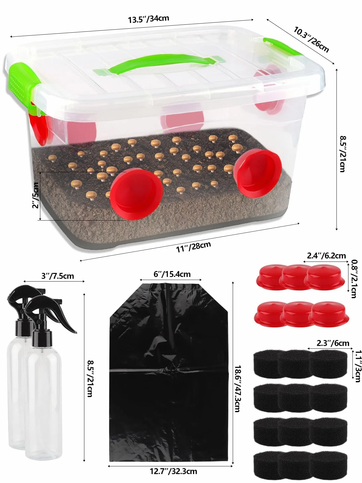 Kalolary Zestaw do uprawy grzybów, monotub, komora do owocowania, wielokrotnego użytku, z gumowymi zatyczkami, filtrami, wkładką, butelkami z rozpylaczem do wymiany świeżego powietrza i łatwego