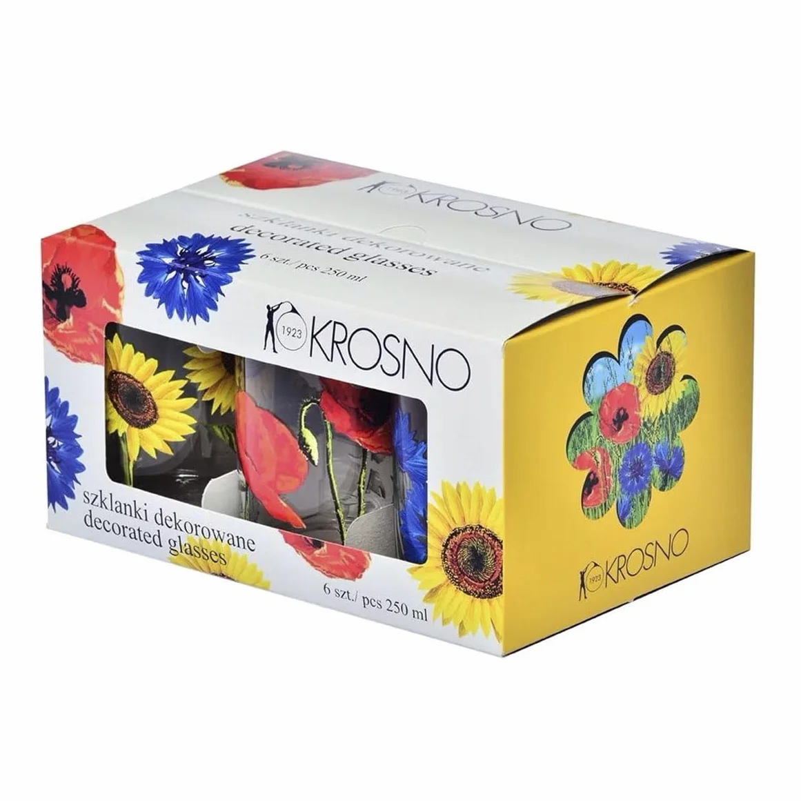 KROSNO | Szklanki do wody i napojów | Zestaw 6 x 250 ml | Kolekcja Bloom Kwiaty | Do zmywarki | Ręczne zdobienie | Szkło ozdobne z kwiatowym nadrukiem | Stabilne dno | Na prezent i do letnich napojów