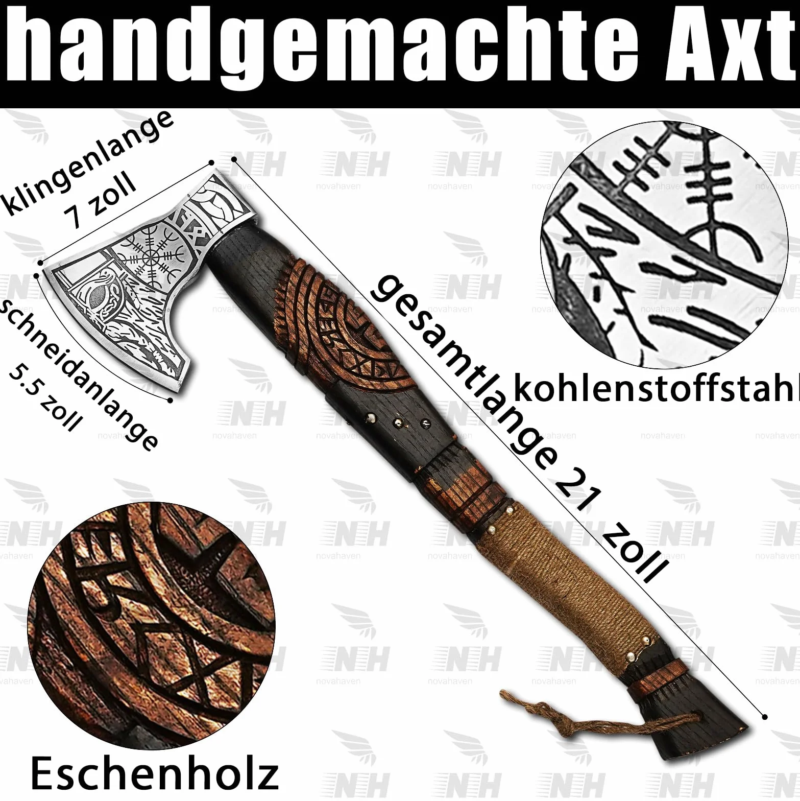Topór Ragnar z 20-calowym grawerowanym uchwytem z jesionu i trawionym ostrzem z węgla stali - od NovaHaven