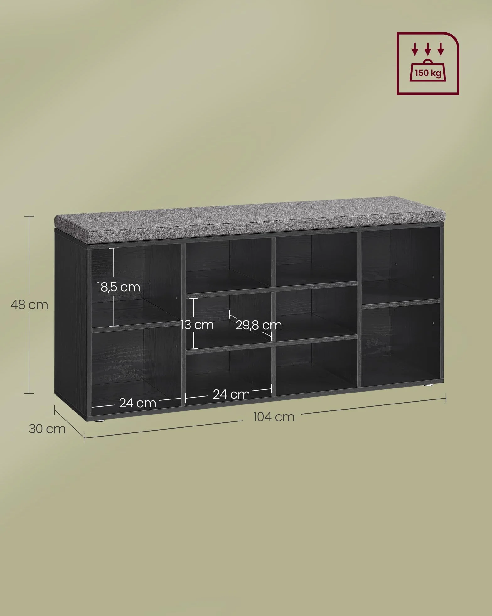 VASAGLE Ławka na buty, stojak na buty z siedziskiem, ławka z miejscem do przechowywania, dobrze wyściełana, ławka do przedpokoju z 10 przegródkami, 30 x 104 x 48 cm, heban czarny LHS010B07