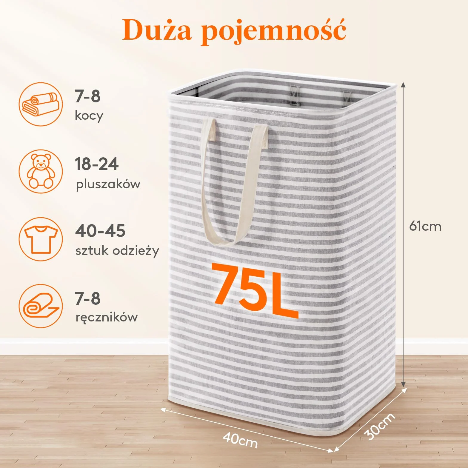 Lifewit Kosz na pranie, 75 l, duży kosz na pranie, składany pojemnik na pranie, wodoszczelny, pojemnik do sortowania prania, z uchwytami na ubrania, ręczniki, zabawki, szary