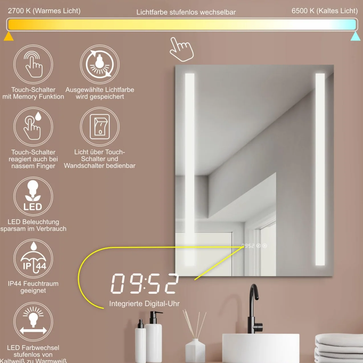 HOKO® Lustro łazienkowe LED 50 x 70 cm z zegarem i lustrzanym ogrzewaniem przeciwmgielnym z oświetleniem + zmianą diod LED, ciepła biel, zimna biel, neutralne