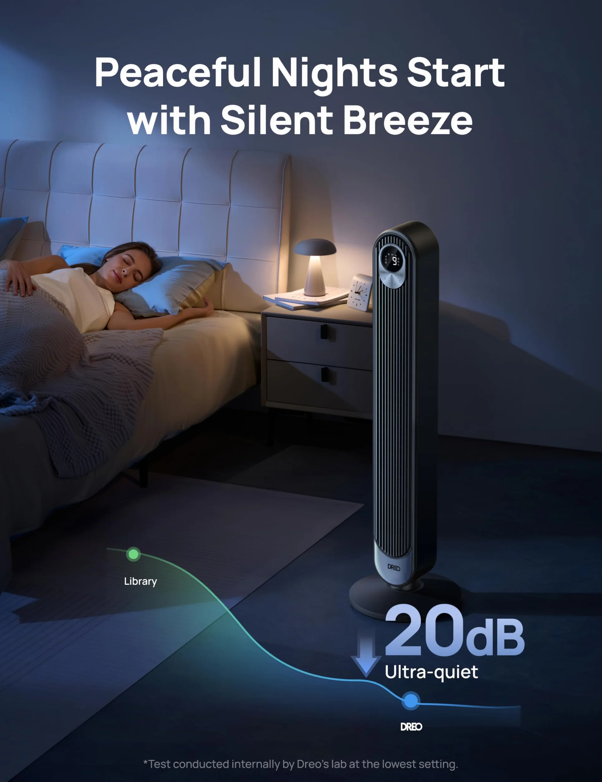 Dreo 106 cm Wentylator wieżowy, cichy mobilny wentylator z timerem i oscylacją 90°, tower fan z timer do 12 godzin, 4 tryby 4 prędkości, 50 W, Czarny