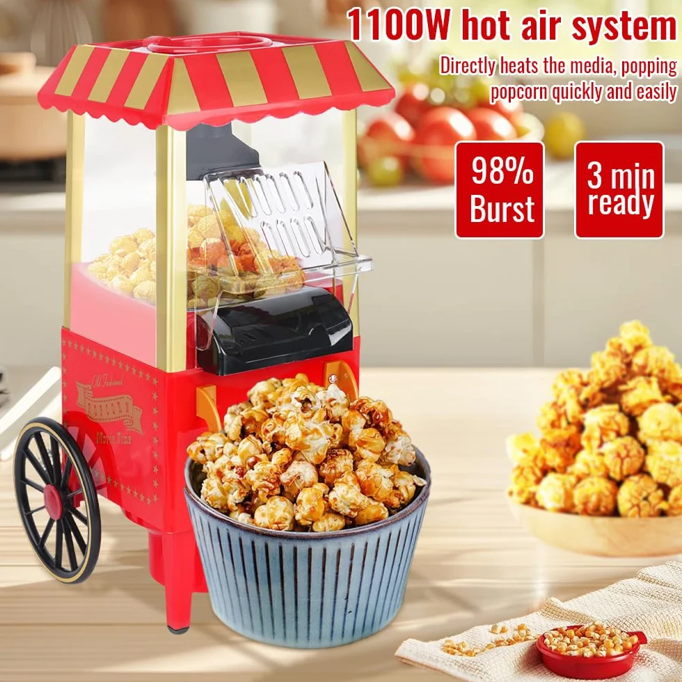 Maszyna do popcornu w stylu retro, na gorące powietrze, do beztłuszczowego i bezolejowego popcornu, zdrowa maszyna do popcornu do domu, czerwona, maszyna do popcornu bez oleju