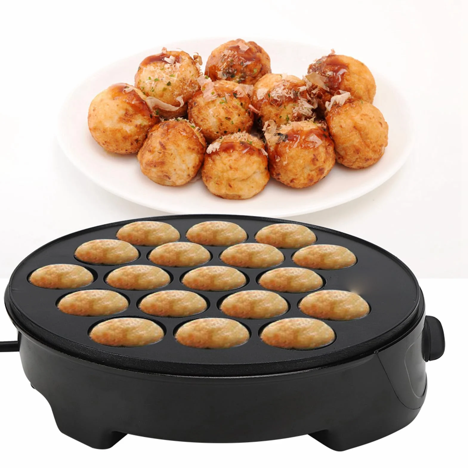 Elektryczna Maszyna Takoyaki 18 Okrągłych Foremek, Powłoka Nieprzywierająca, 750 W, Otwór 4 Cm